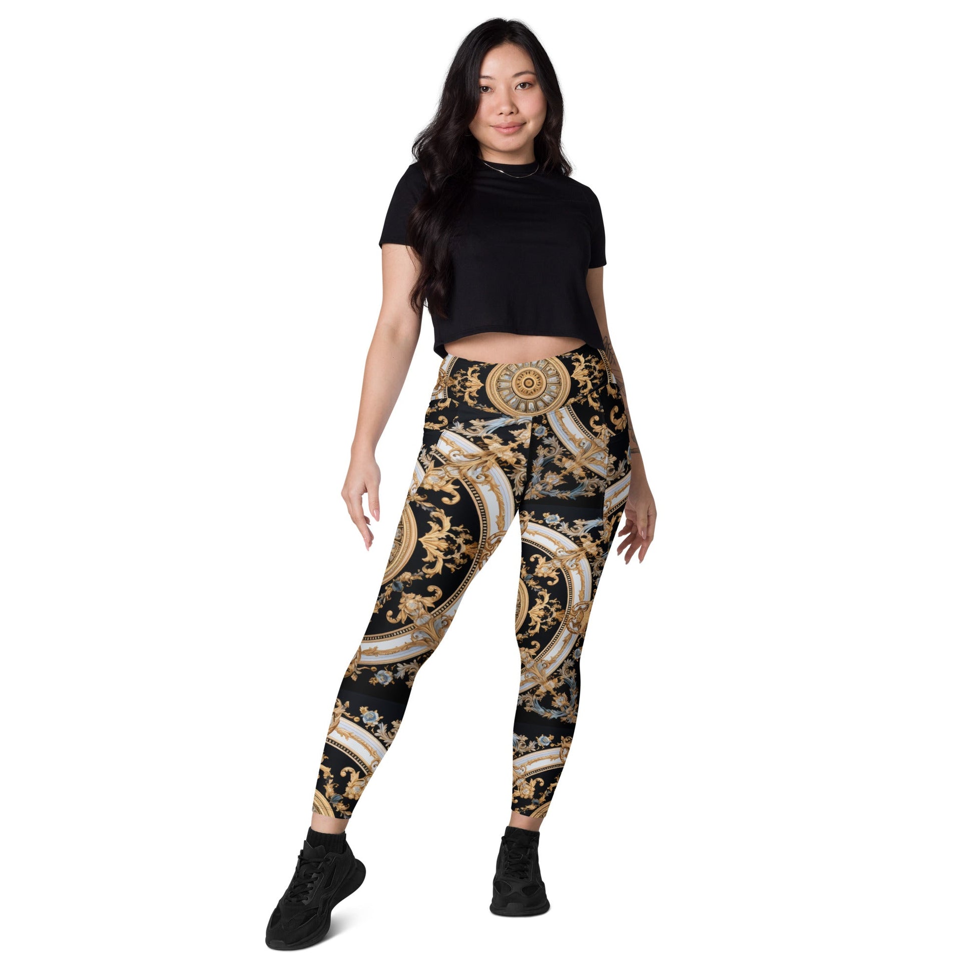 Front Mz Kittyz Black, Gold, Grey, Signature Scarf Design Leggings with pockets Leggings #MzKittyz #NikkiDKatArt