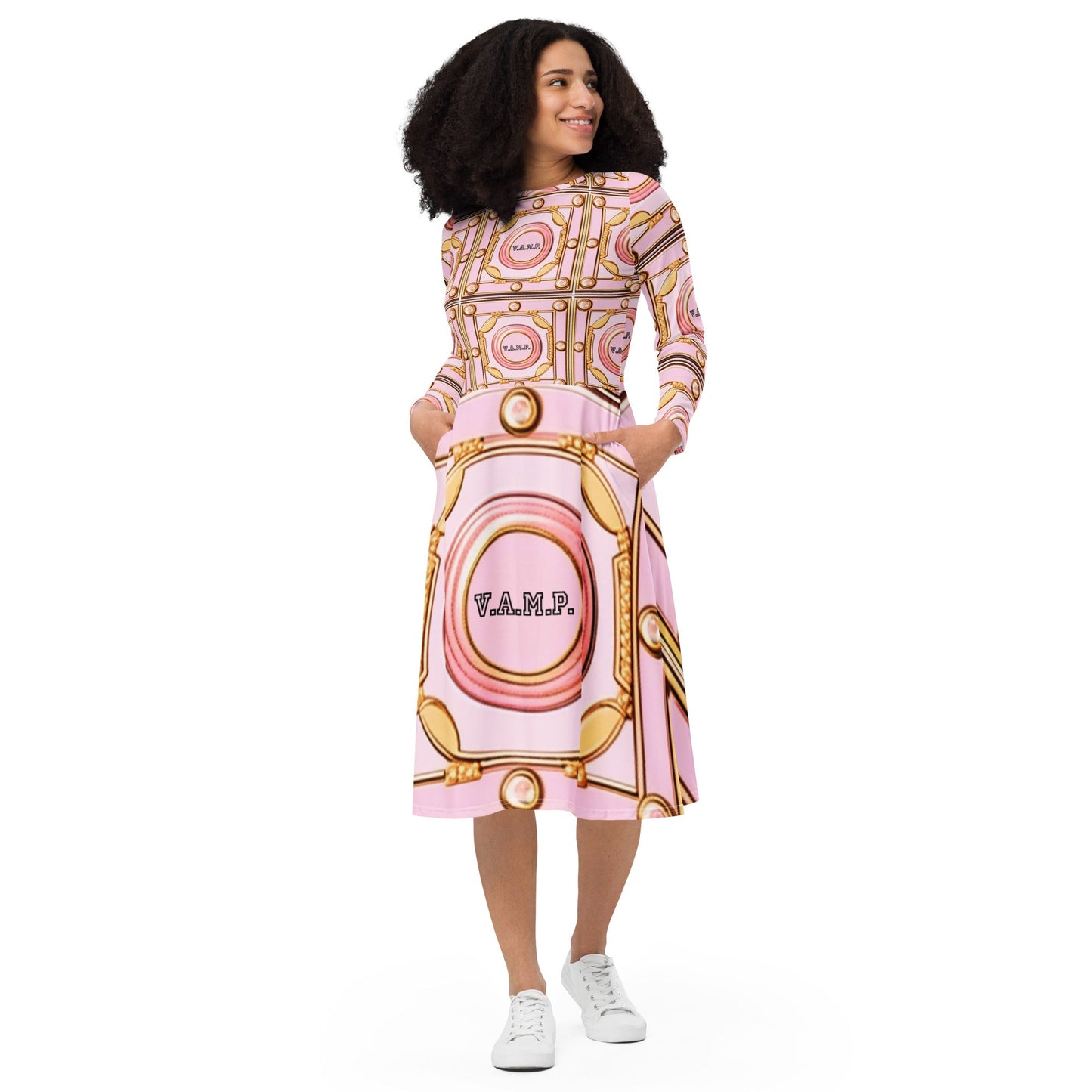 Front V.A.M.P. Paris Signature Scarf Design long sleeve midi dress Mid Length #MzKittyz #NikkiDKatArt