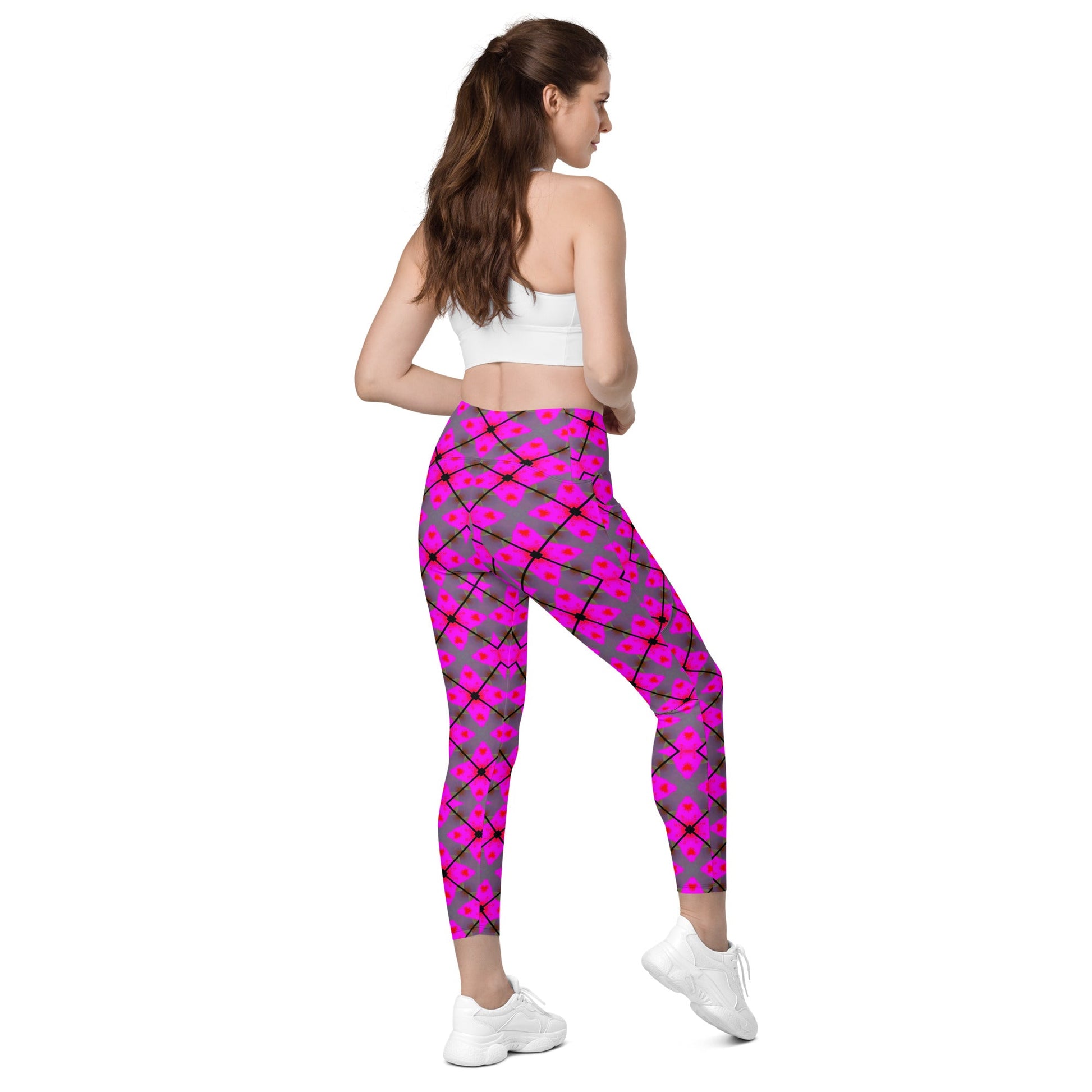 Front Pink Plaid Crossover leggings with pockets #MzKittyz #NikkiDKatArt