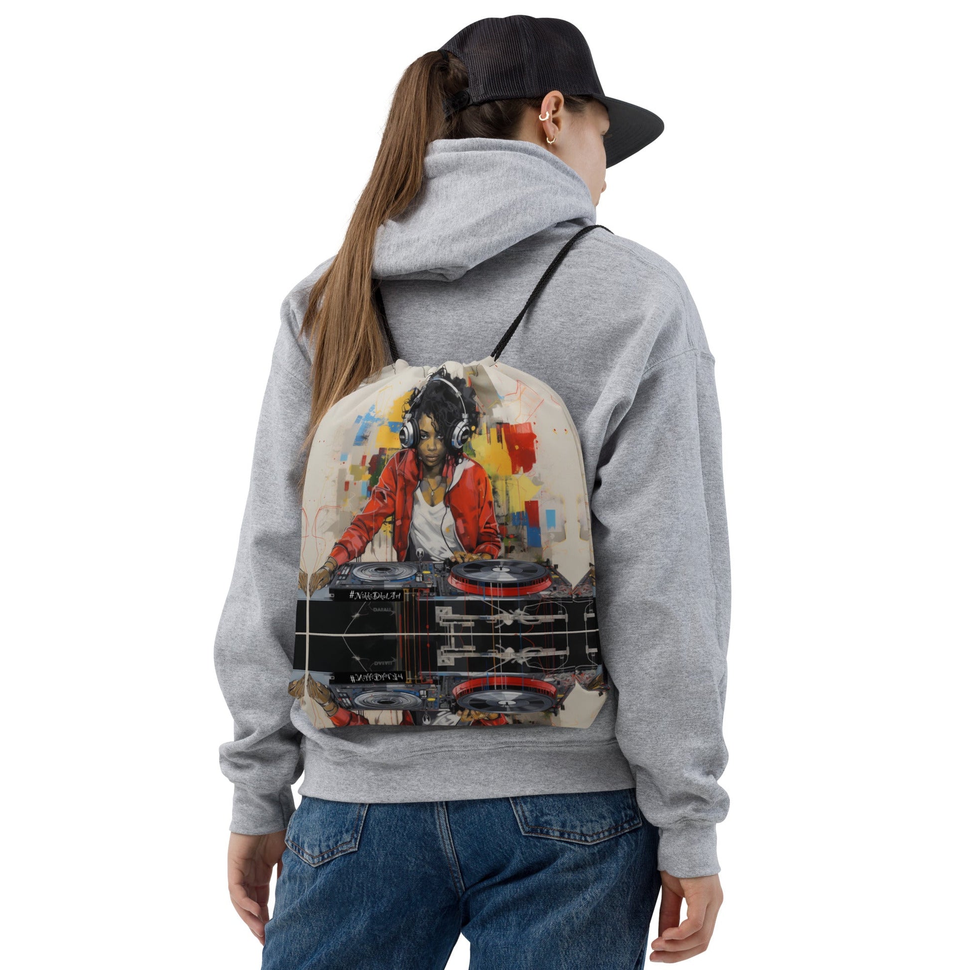 Front Basquiat Sistah Dj NY Drawstring bag Backpack Drawstring #MzKittyz #NikkiDKatArt