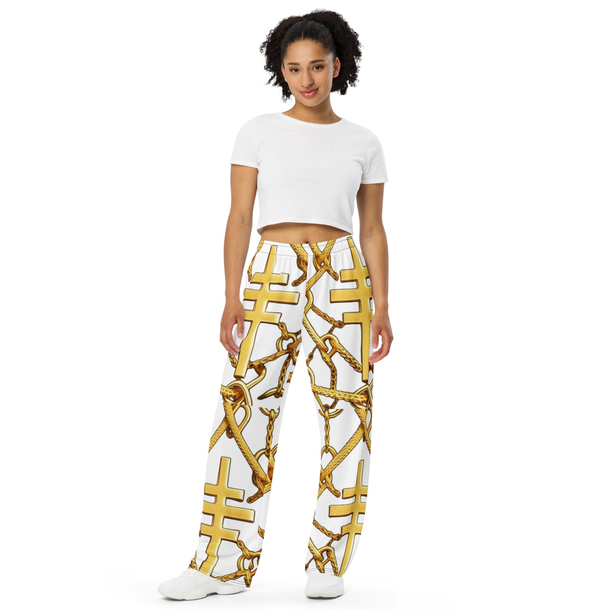 Front Gospel Link Chain unisex wide-leg pants Wide Legged Pant #MzKittyz #NikkiDKatArt