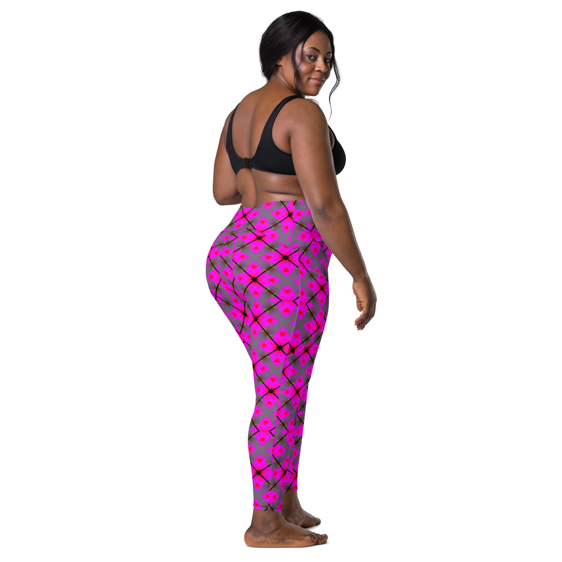 Front Pink Plaid Crossover leggings with pockets #MzKittyz #NikkiDKatArt