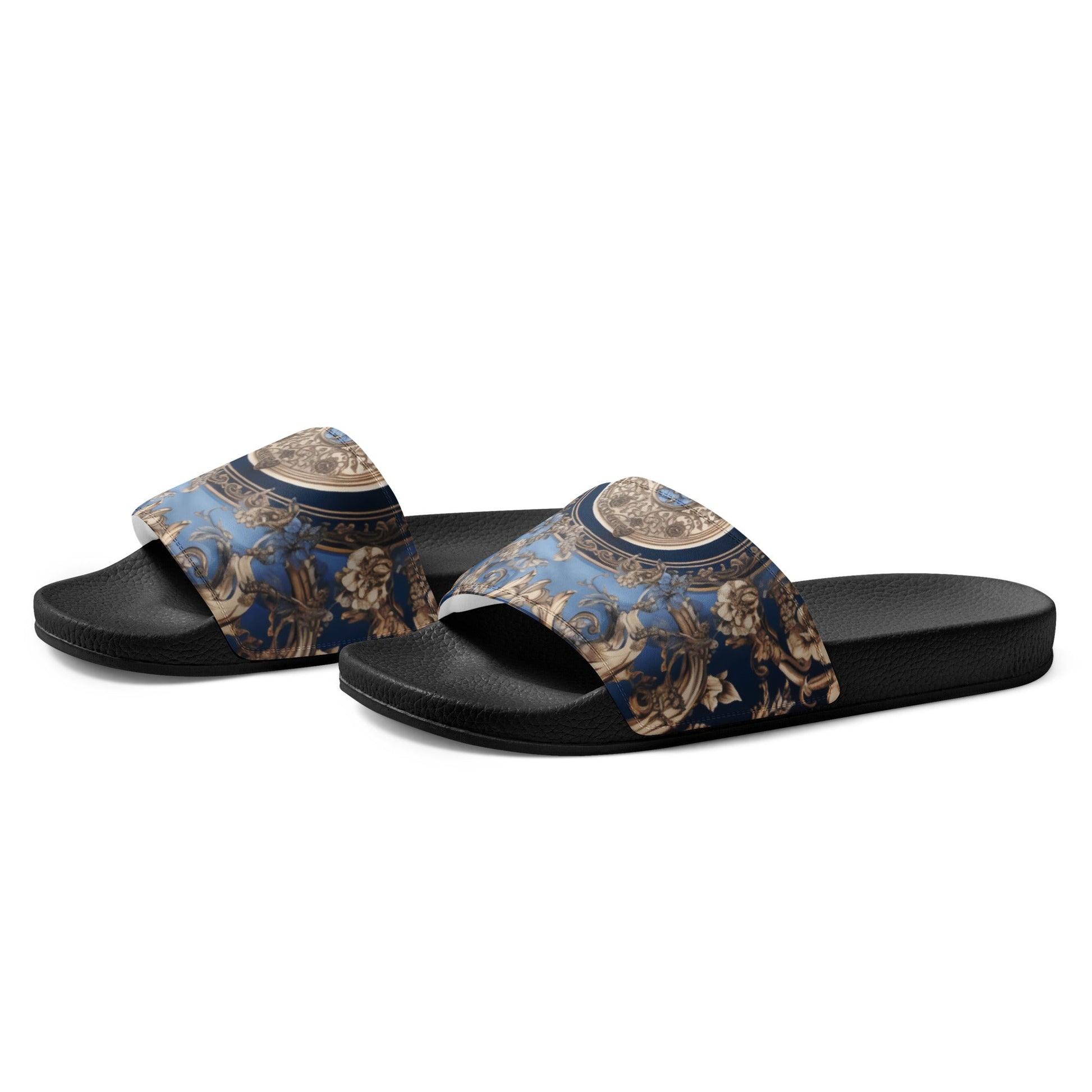 Front Blue, Silver & Gold Signature Scarf Design Women's Slides Slides #MzKittyz #NikkiDKatArt