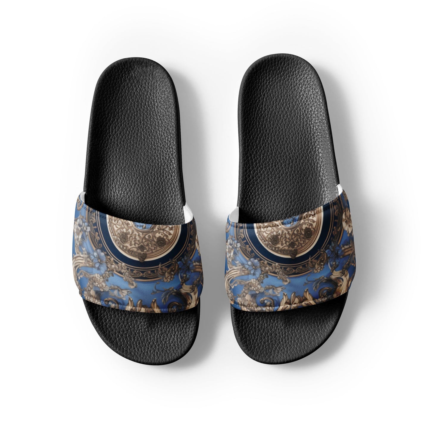 Front Blue, Silver & Gold Signature Scarf Design Women's Slides Slides #MzKittyz #NikkiDKatArt