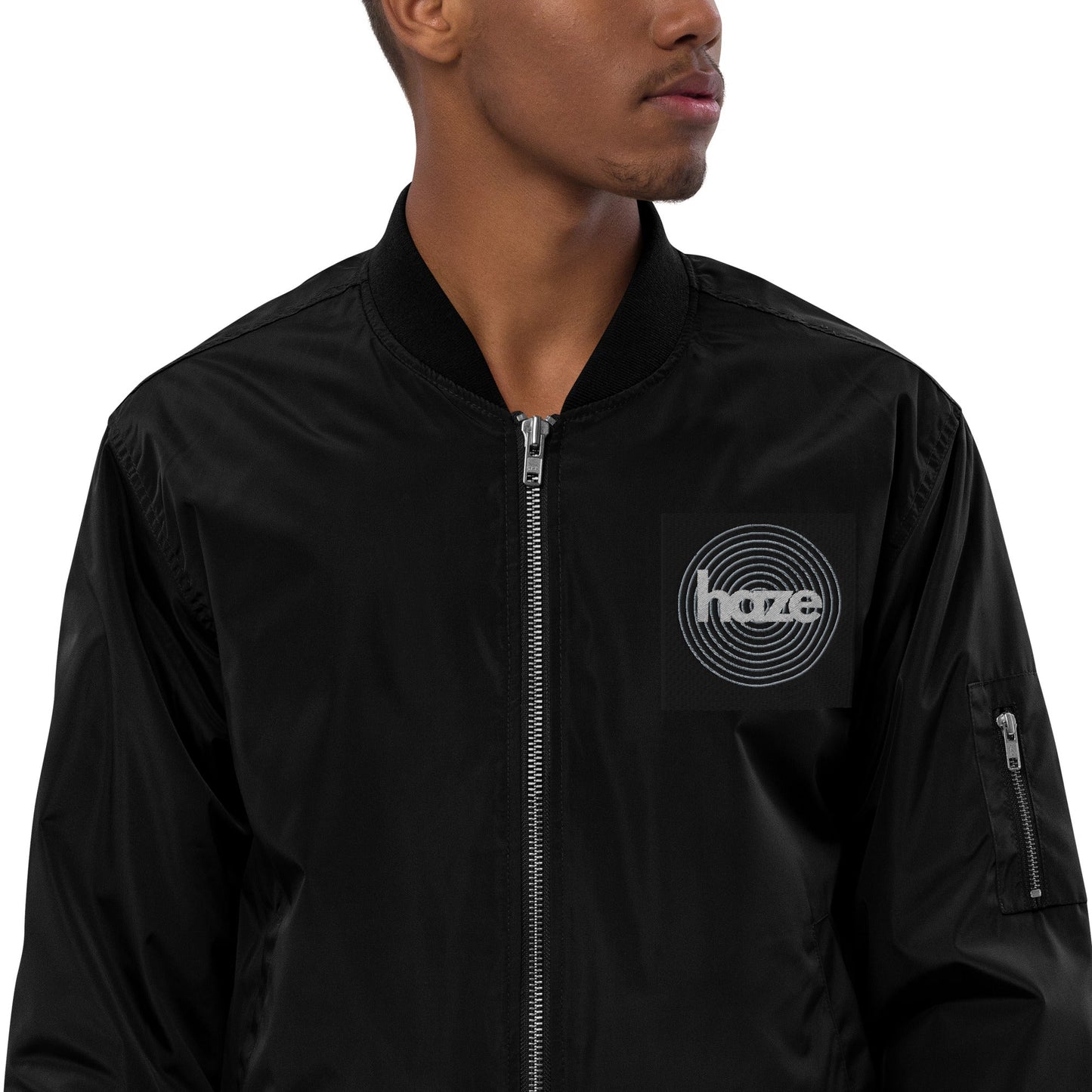Front haze logo Embroidered Unisex Premium recycled bomber jacket Jacket #MzKittyz #NikkiDKatArt