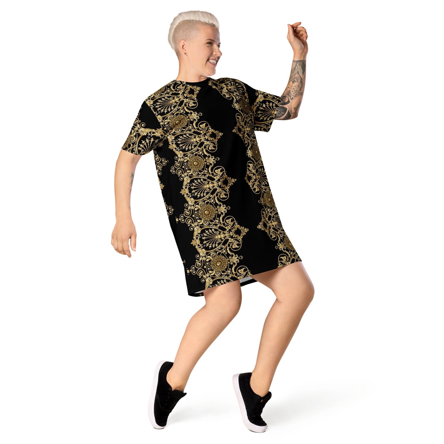 Front Lacie Lace Baroque Gold Women's T-shirt dress #MzKittyz #NikkiDKatArt