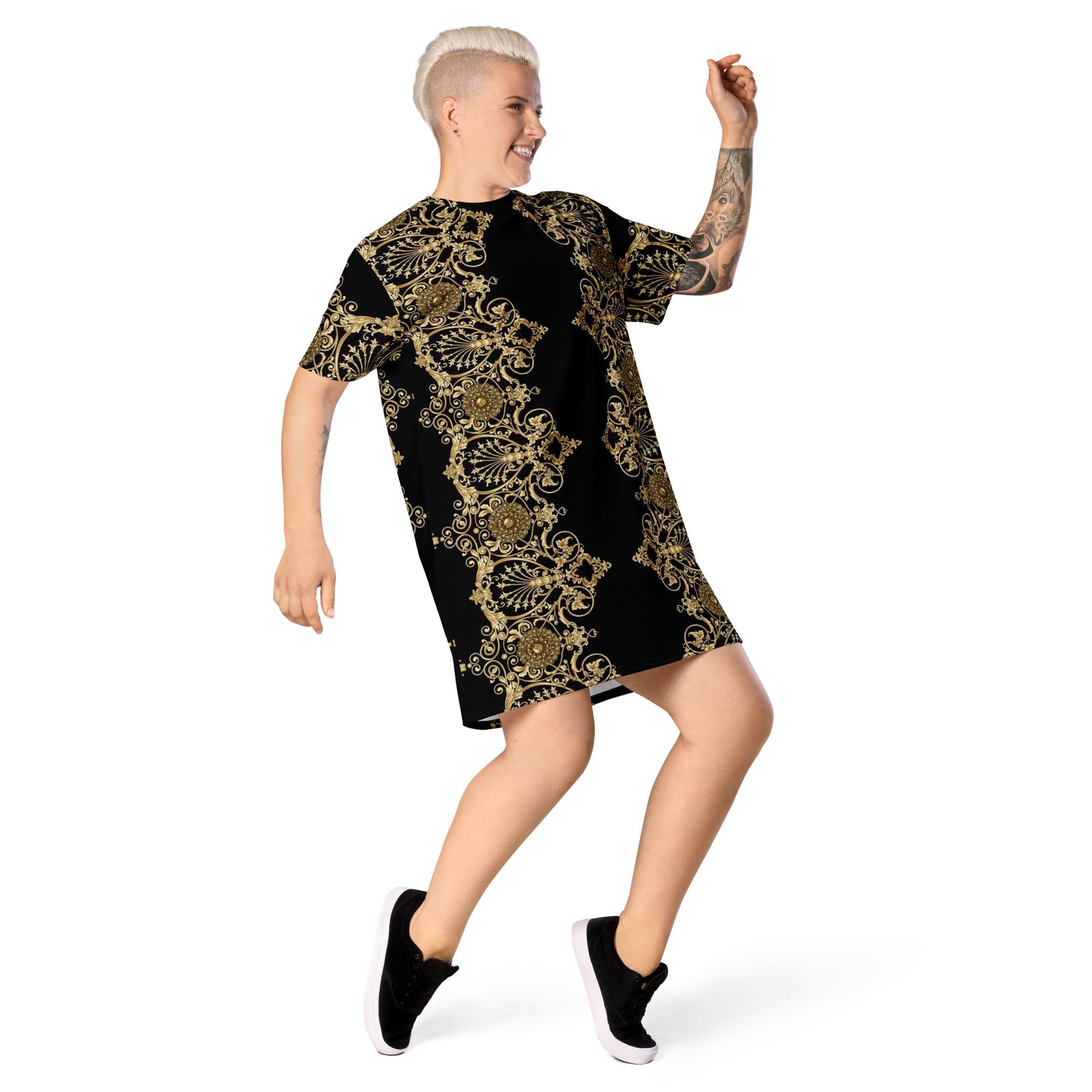 Front Lacie Lace Baroque Gold Women's T-shirt dress #MzKittyz #NikkiDKatArt