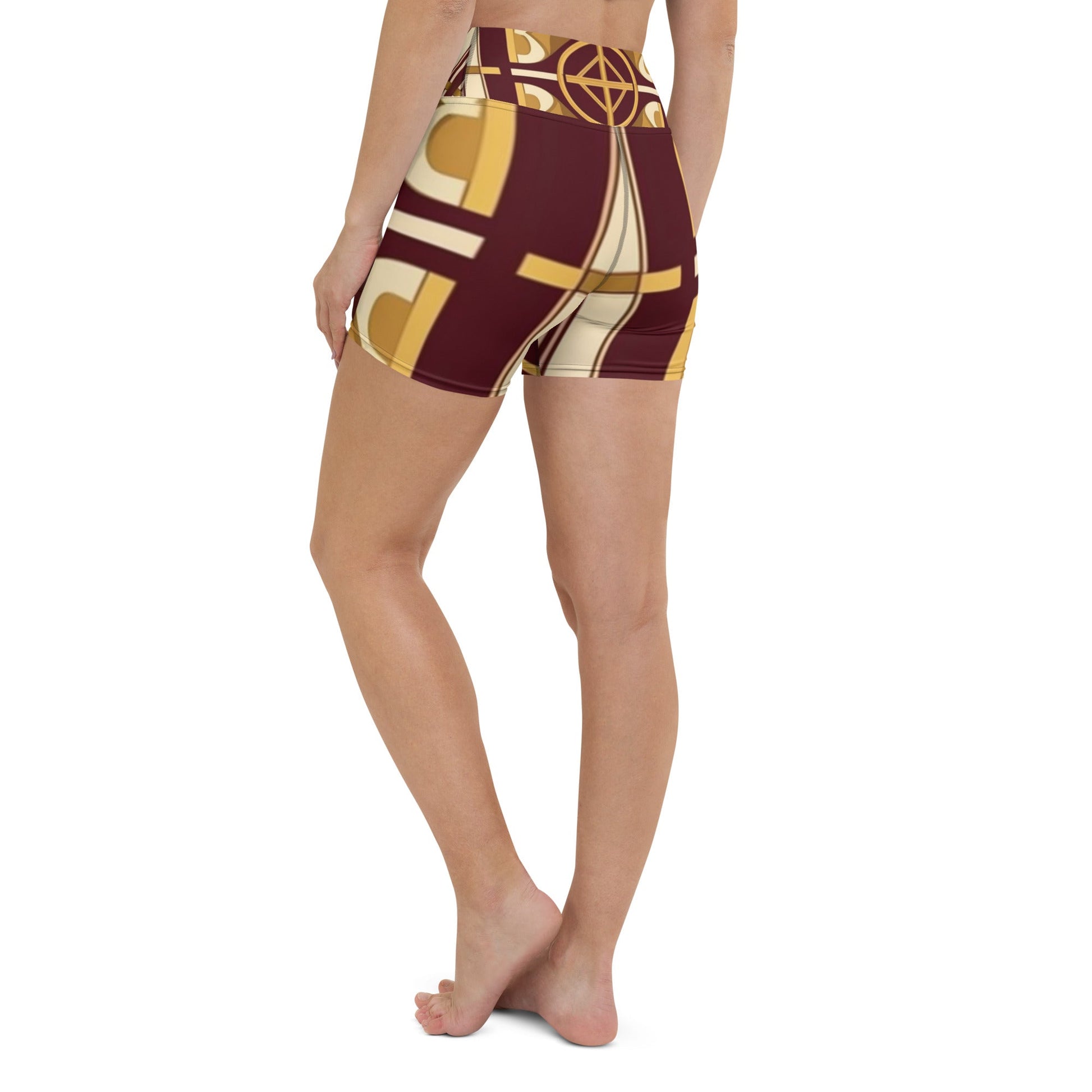 Front Burgundy Signature Scarf Design Women's Yoga Shorts yoga #MzKittyz #NikkiDKatArt