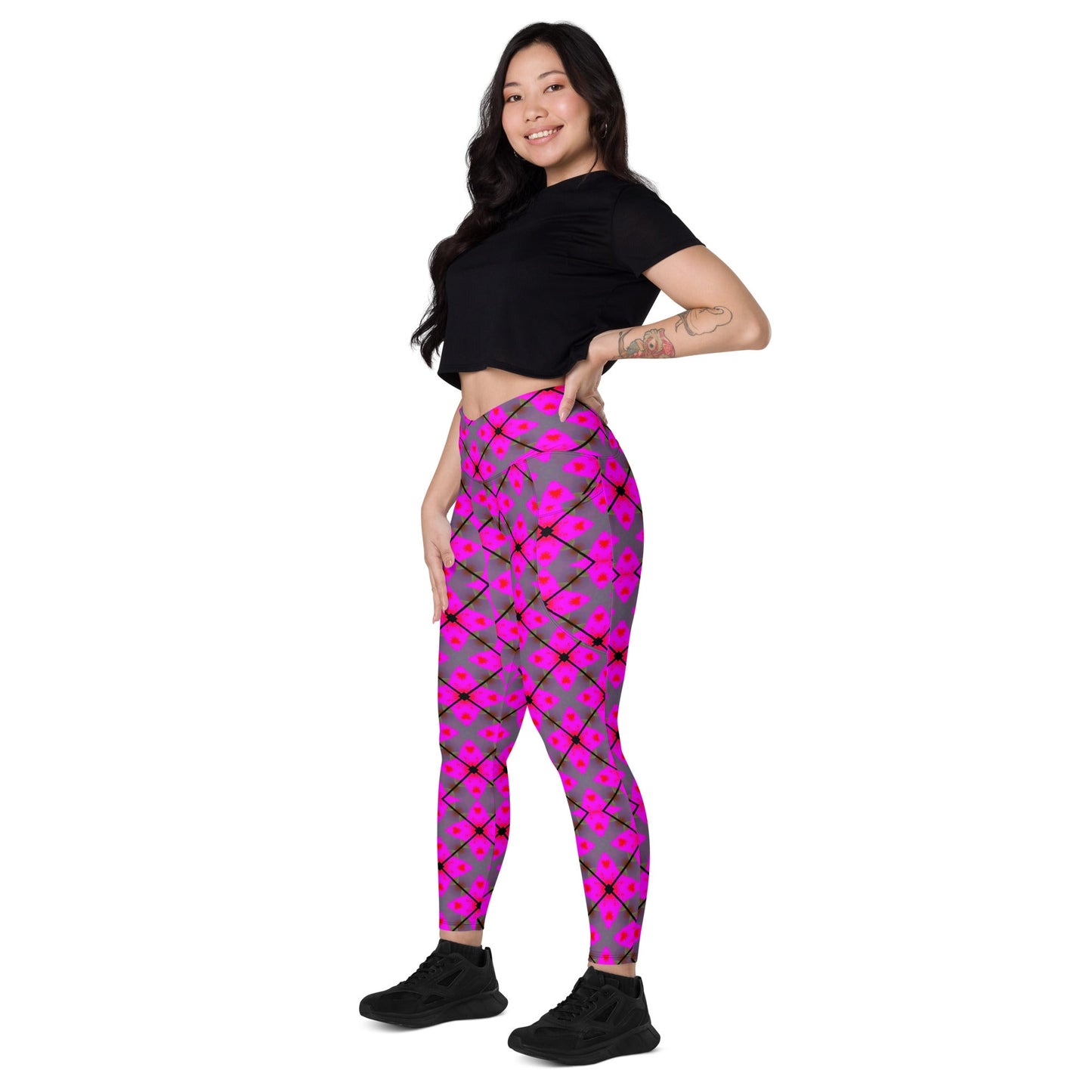 Front Pink Plaid Crossover leggings with pockets #MzKittyz #NikkiDKatArt