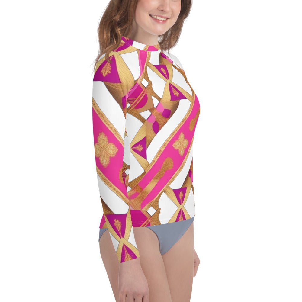 Front Pink & Gold Ribbon Signature Design Unisex Youth Rash Guard #MzKittyz #NikkiDKatArt