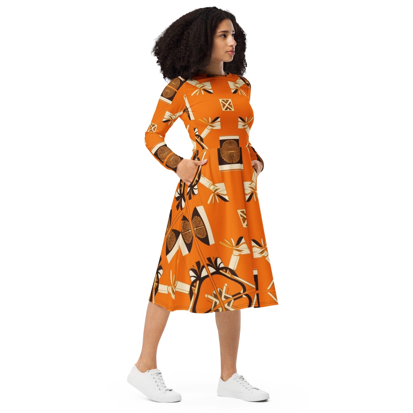 Front MzKittyz Signature Scarf Design in Orange - All-over print long sleeve midi dress w/pockets mid length #NikkiDKatArt