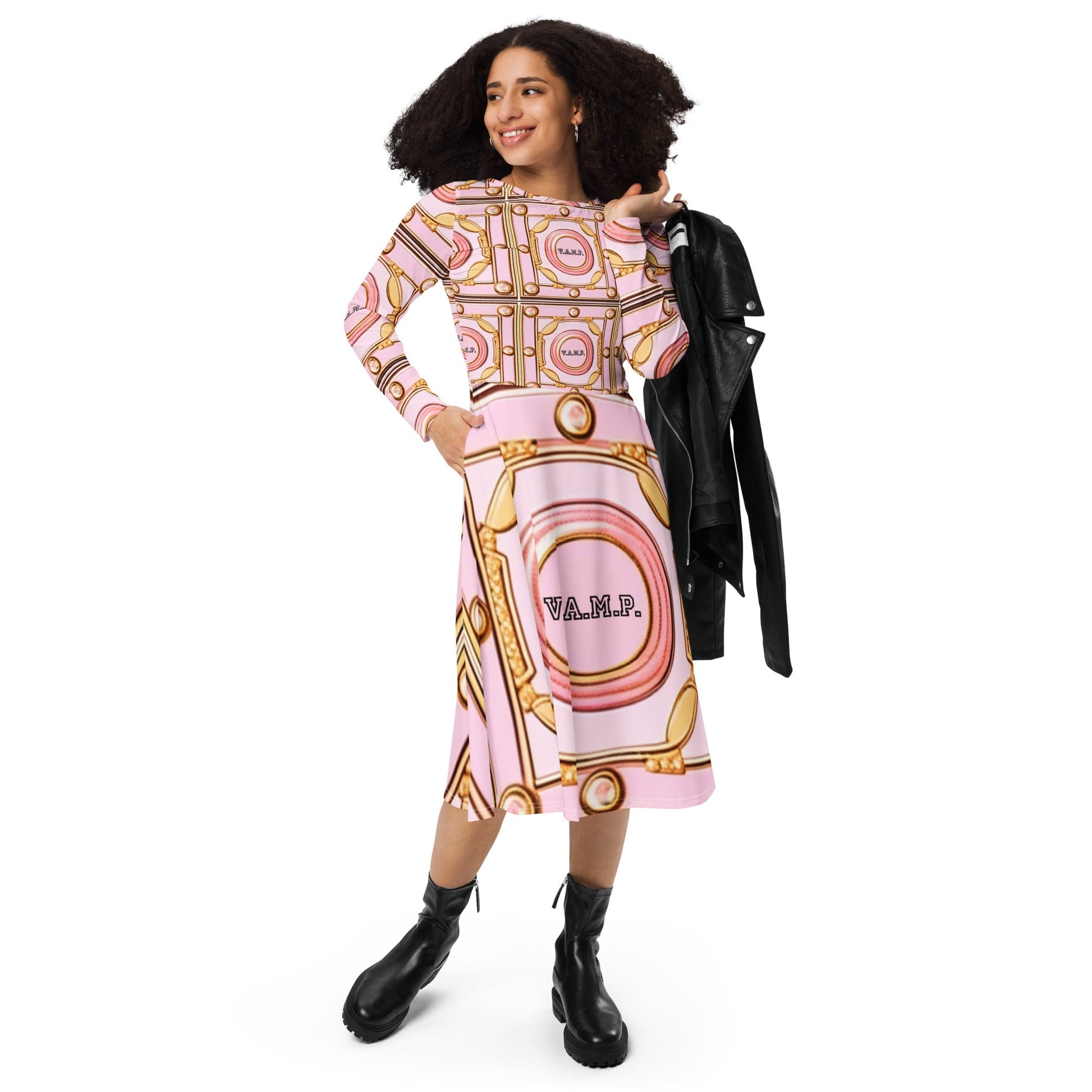 Front V.A.M.P. Paris Signature Scarf Design long sleeve midi dress Mid Length #MzKittyz #NikkiDKatArt