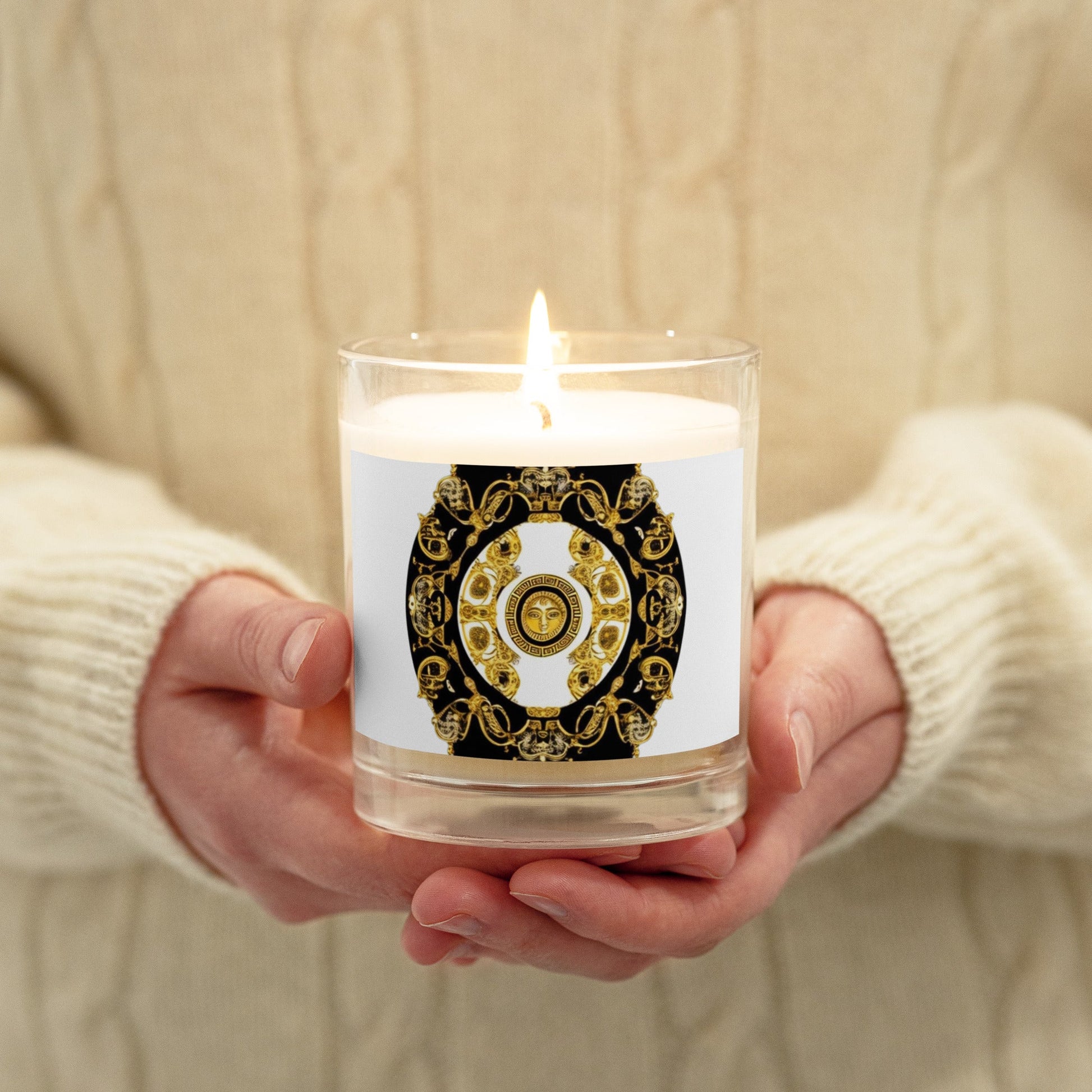 Front Nikki d'Kat Signature Scarf Design Glass jar soy wax candle #MzKittyz #NikkiDKatArt