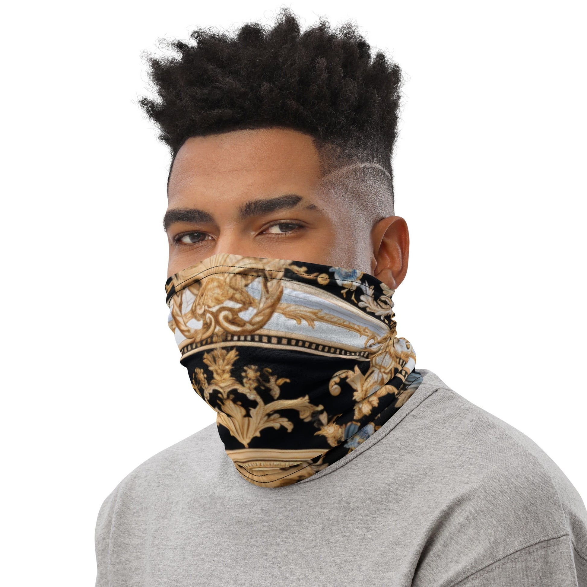 Front Gold & Black Signature Scarf Mask, Neck Gaiter Mask #MzKittyz #NikkiDKatArt