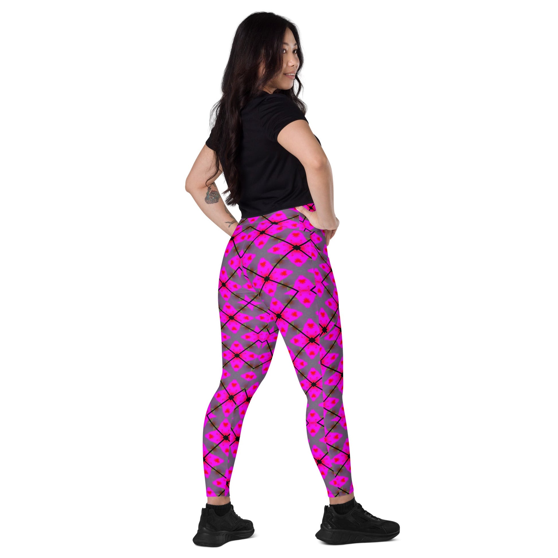 Front Pink Plaid Crossover leggings with pockets #MzKittyz #NikkiDKatArt