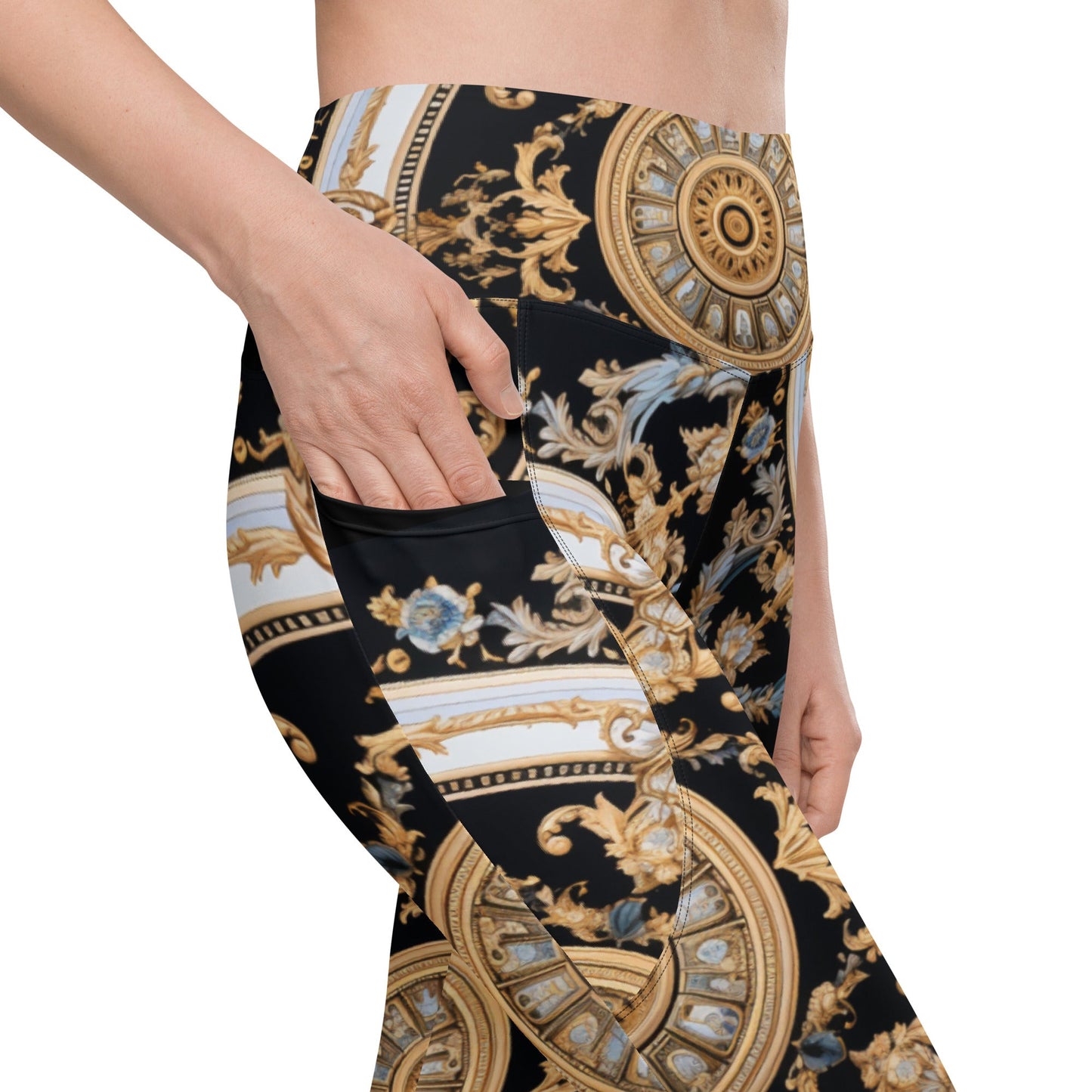 Front Mz Kittyz Black, Gold, Grey, Signature Scarf Design Leggings with pockets Leggings #MzKittyz #NikkiDKatArt