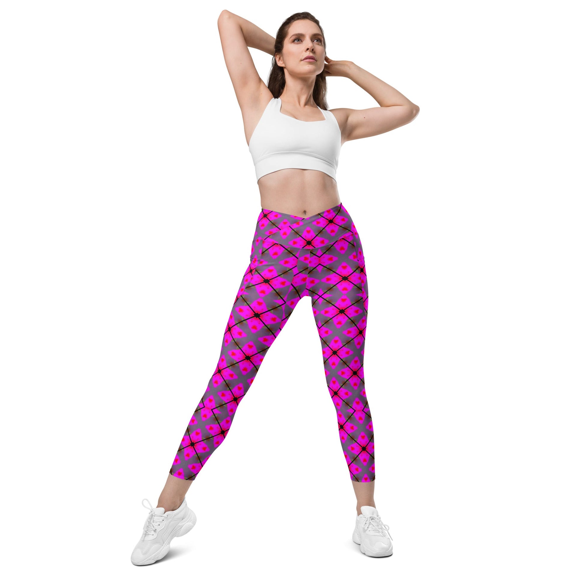 Front Pink Plaid Crossover leggings with pockets #MzKittyz #NikkiDKatArt