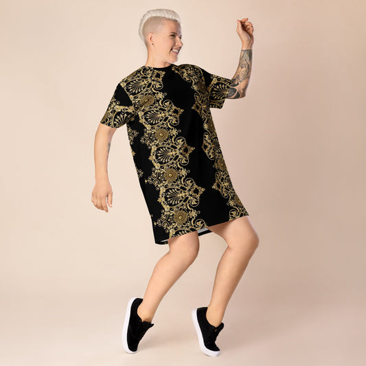 Front Lacie Lace Baroque Gold Women's T-shirt dress #MzKittyz #NikkiDKatArt
