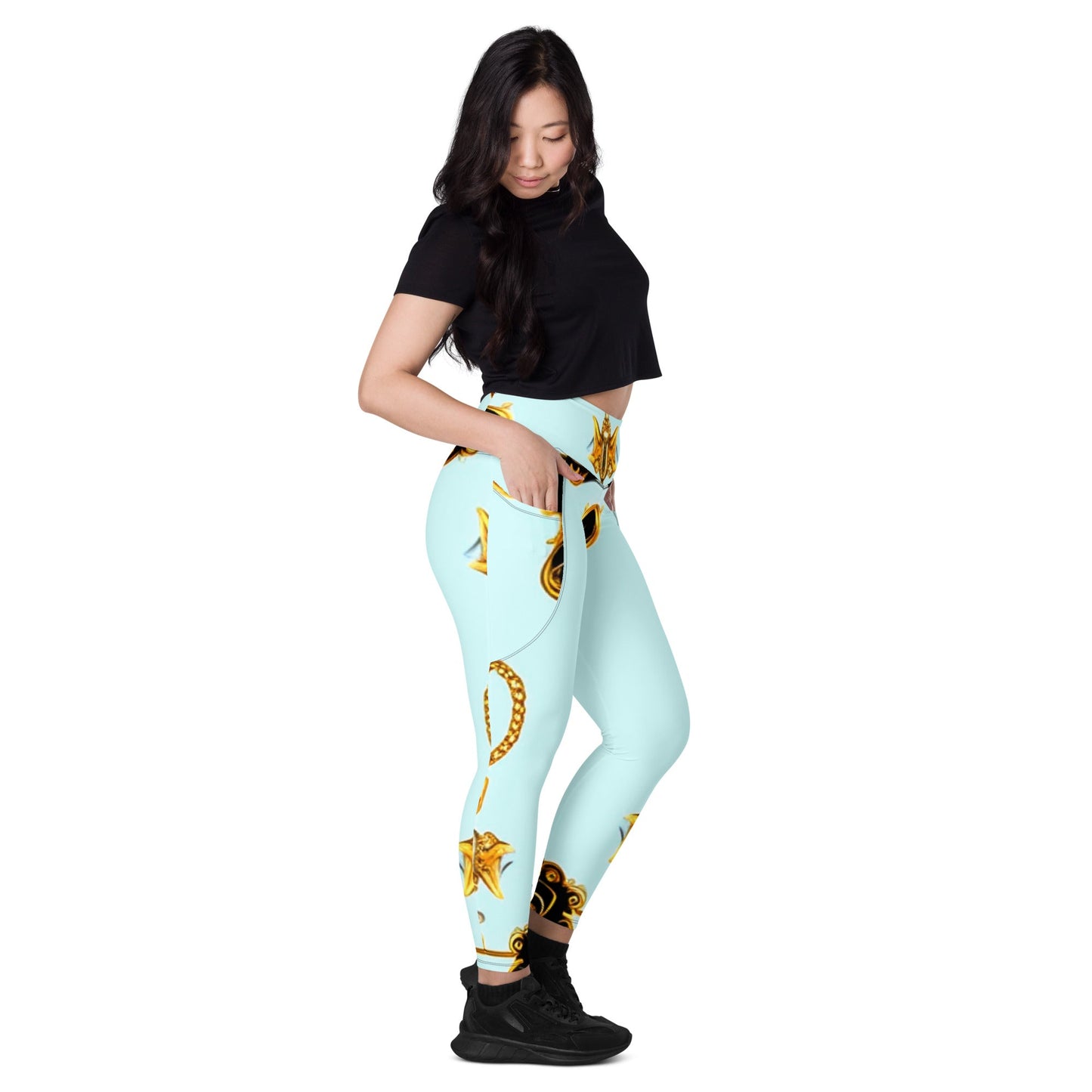 Front Aqua Signature Design Leggings w/ pockets Sizes up to 6XL Leggings #MzKittyz #NikkiDKatArt