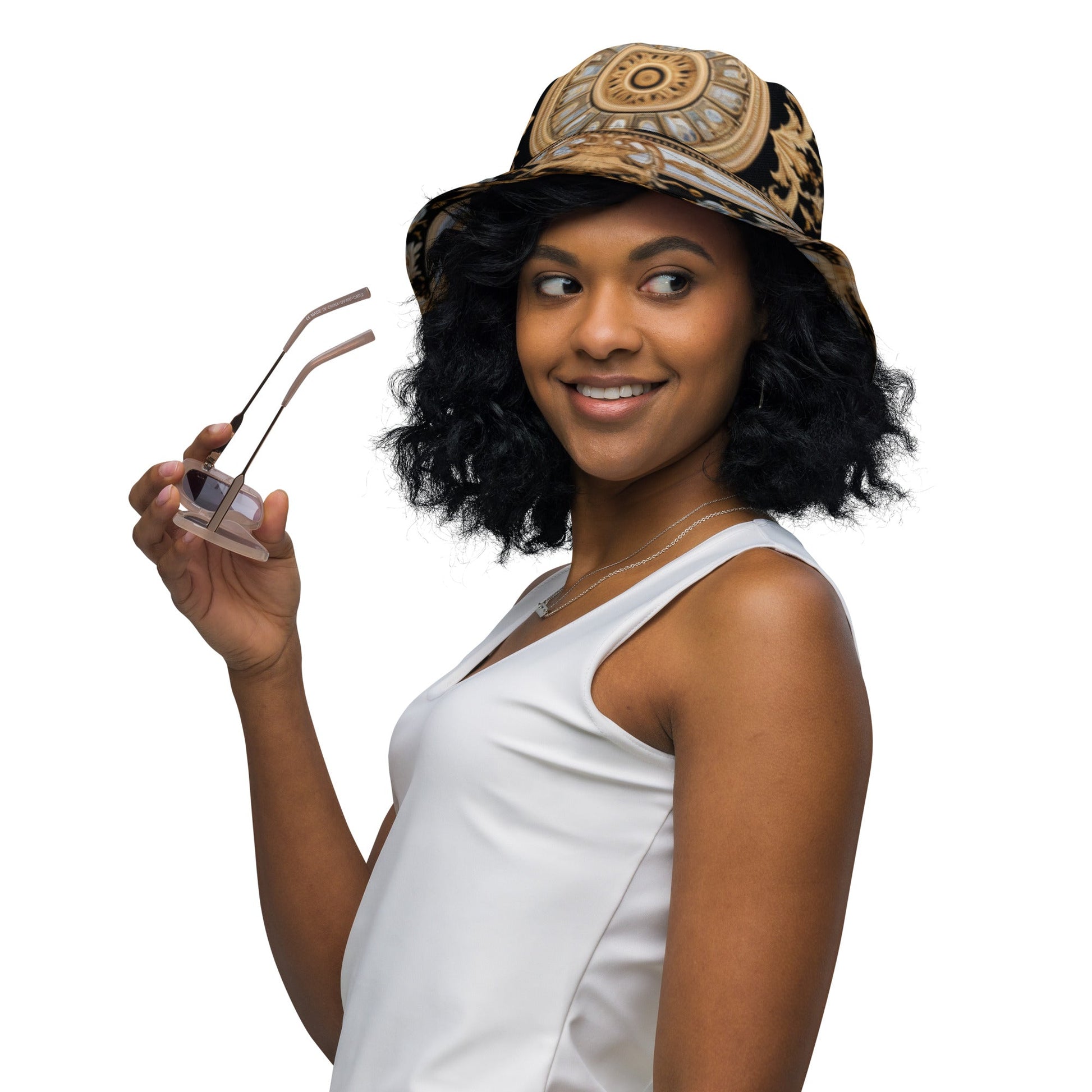 Front MzKittyz Signature Gold & Black Scarf Reversible Bucket Hat Bucket #MzKittyz #NikkiDKatArt