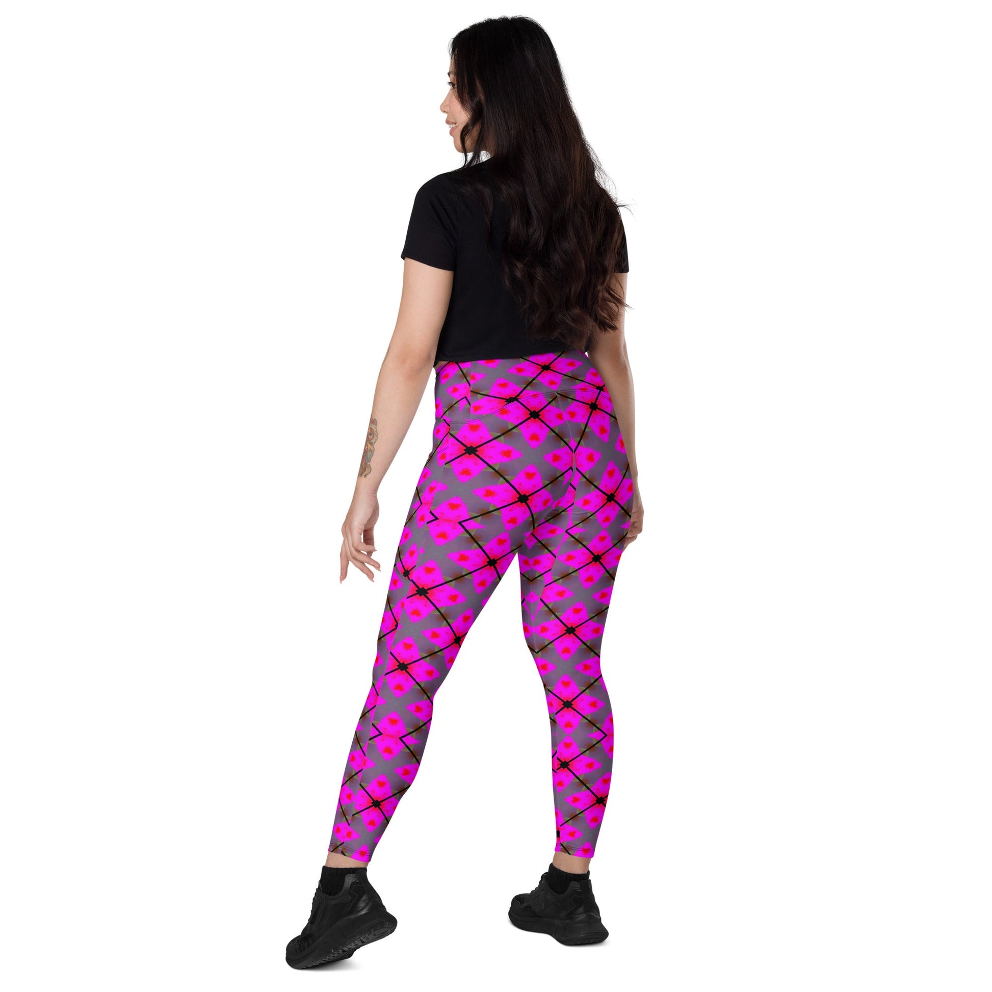 Front Pink Plaid Crossover leggings with pockets #MzKittyz #NikkiDKatArt