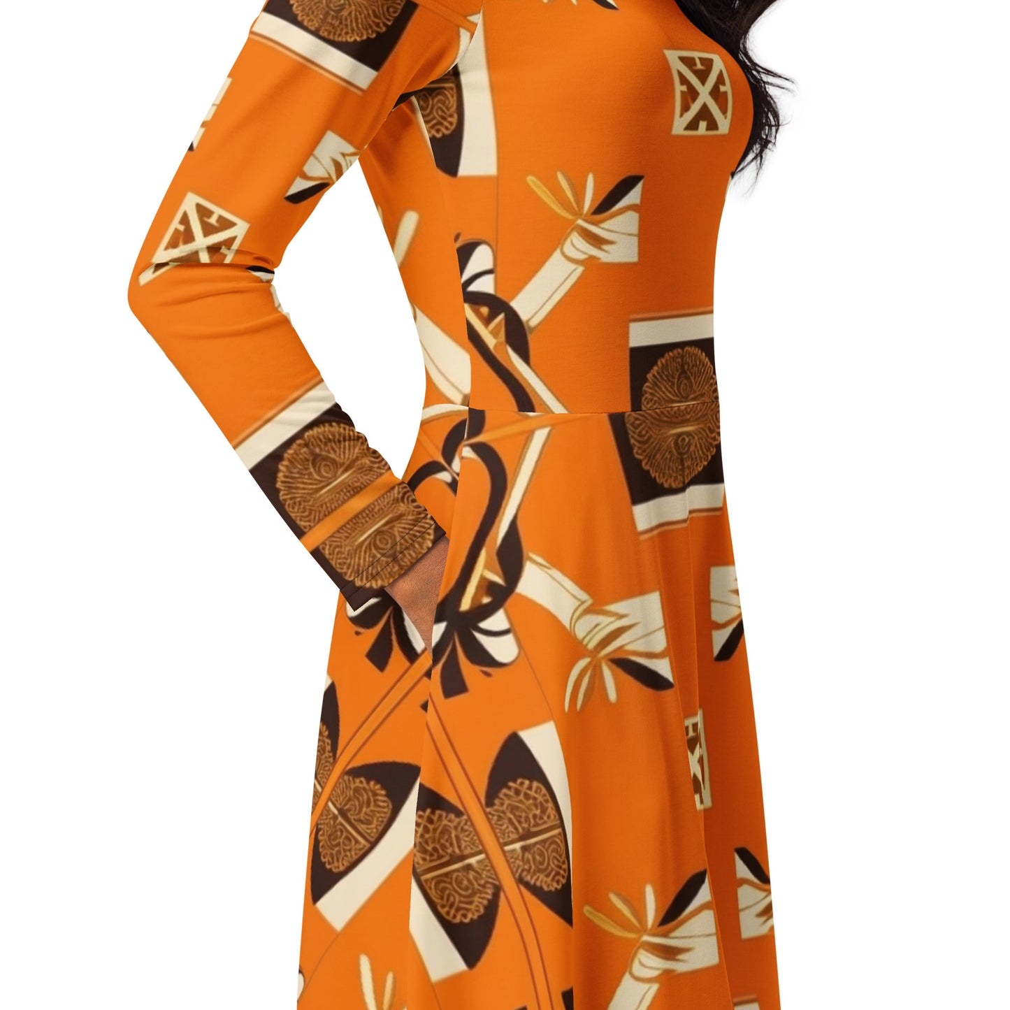 Side view MzKittyz Signature Scarf Design in Orange - All-over print long sleeve midi dress w/pockets mid length