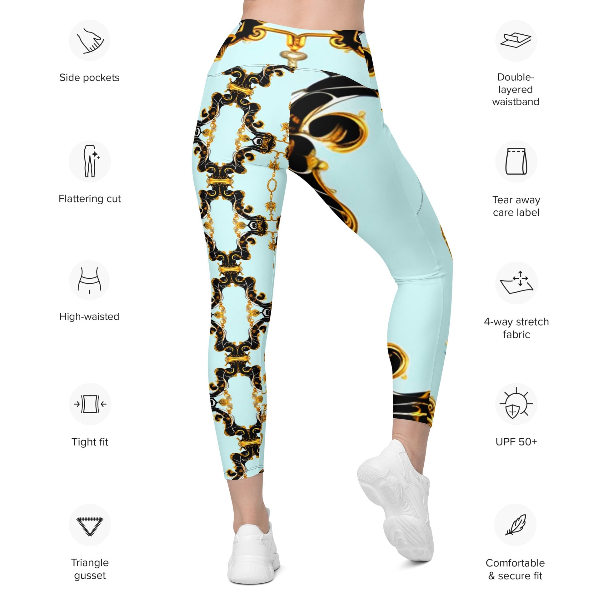 Front Aqua Baroque Signature Women's Leggings with Pockets - 2XS to 6XL Leggings, Pockets #MzKittyz #NikkiDKatArt