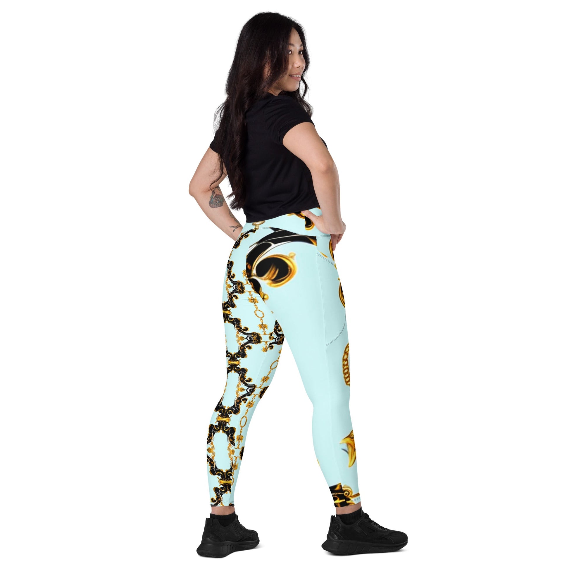 Front Aqua Baroque Signature Women's Leggings with Pockets - 2XS to 6XL Leggings, Pockets #MzKittyz #NikkiDKatArt