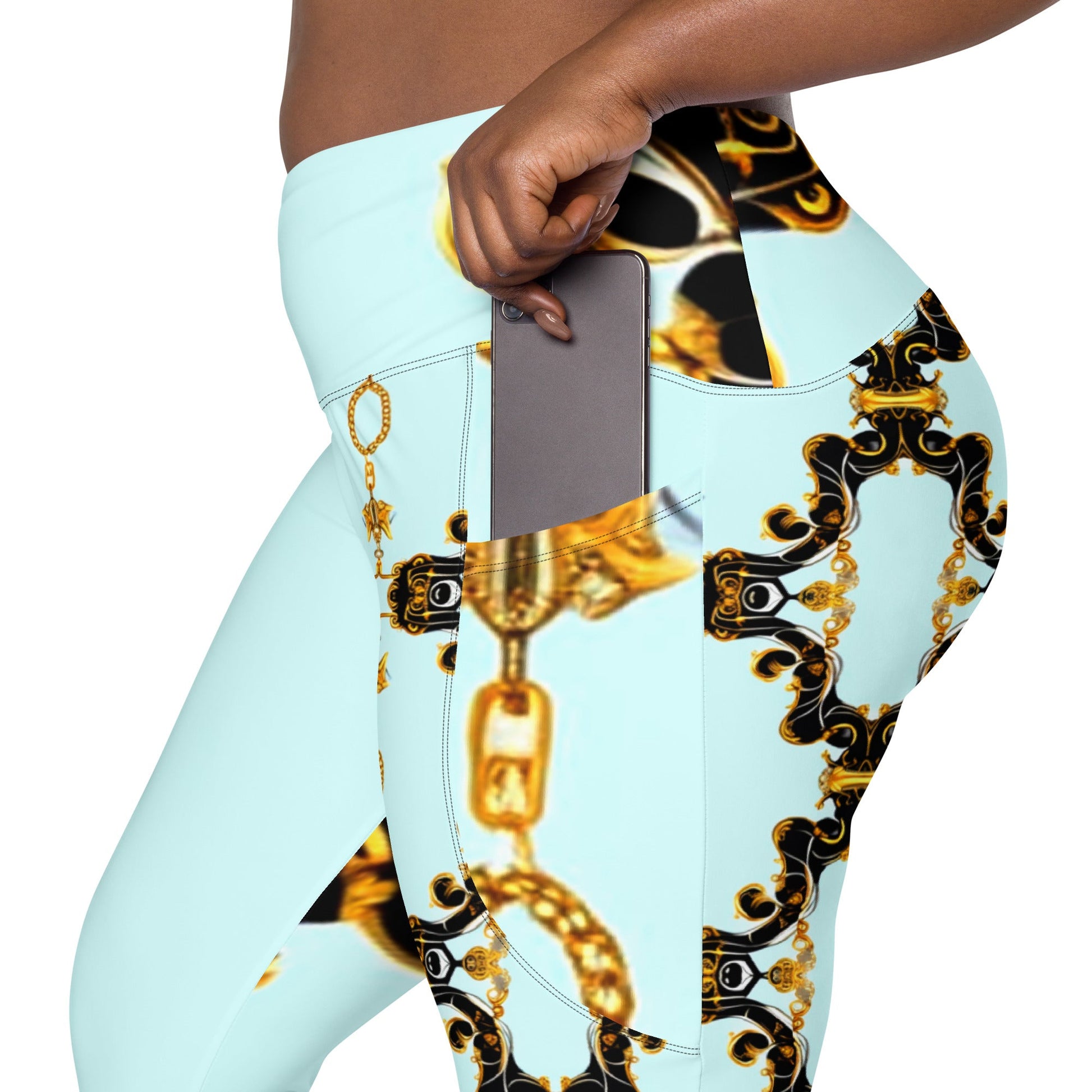 Front Aqua Baroque Signature Women's Leggings with Pockets - 2XS to 6XL Leggings, Pockets #MzKittyz #NikkiDKatArt