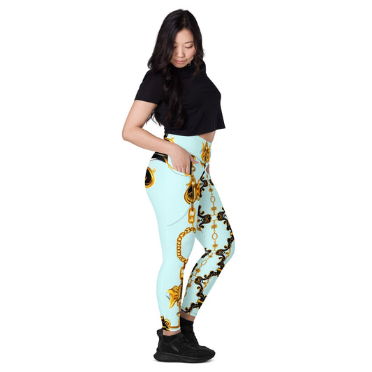 Front Aqua Baroque Signature Women's Leggings with Pockets - 2XS to 6XL Leggings, Pockets #MzKittyz #NikkiDKatArt