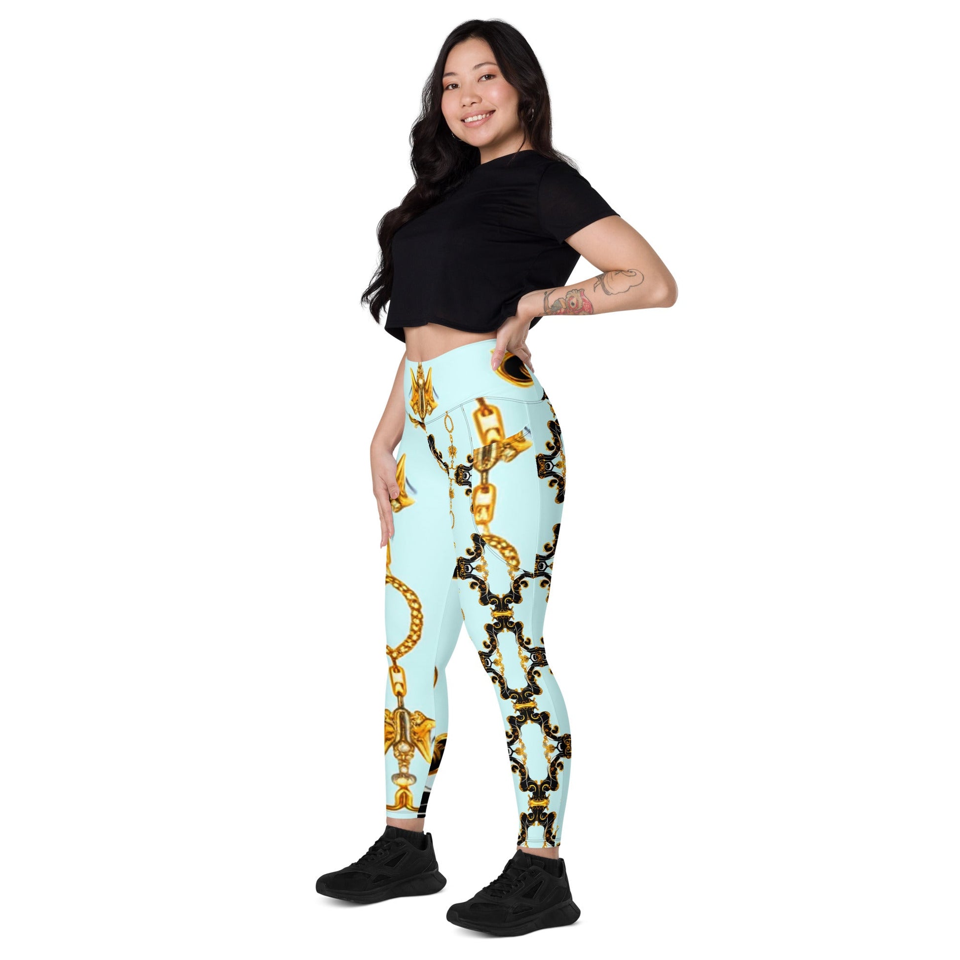 Front Aqua Baroque Signature Women's Leggings with Pockets - 2XS to 6XL Leggings, Pockets #MzKittyz #NikkiDKatArt
