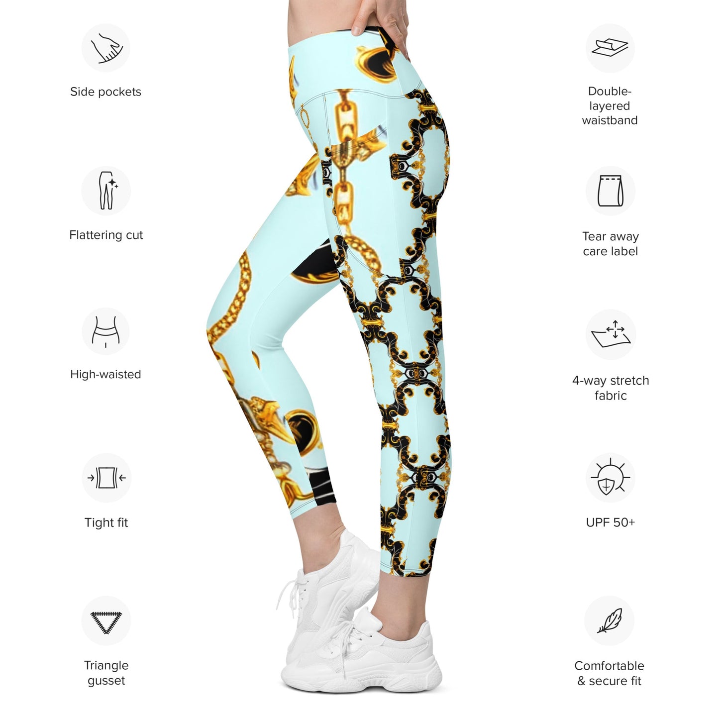 Front Aqua Baroque Signature Women's Leggings with Pockets - 2XS to 6XL Leggings, Pockets #MzKittyz #NikkiDKatArt
