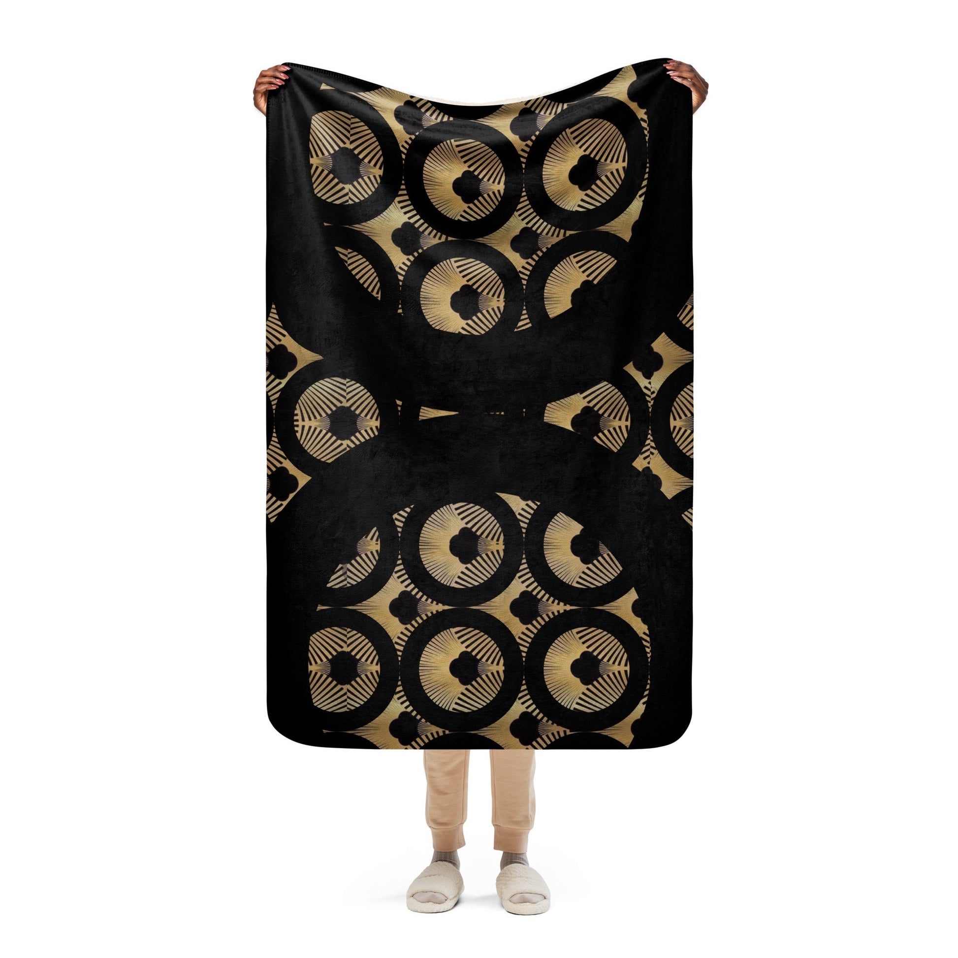 Front Art Deco, Black & Gold, Sherpa blanket in 3 sizes Throw #MzKittyz #NikkiDKatArt