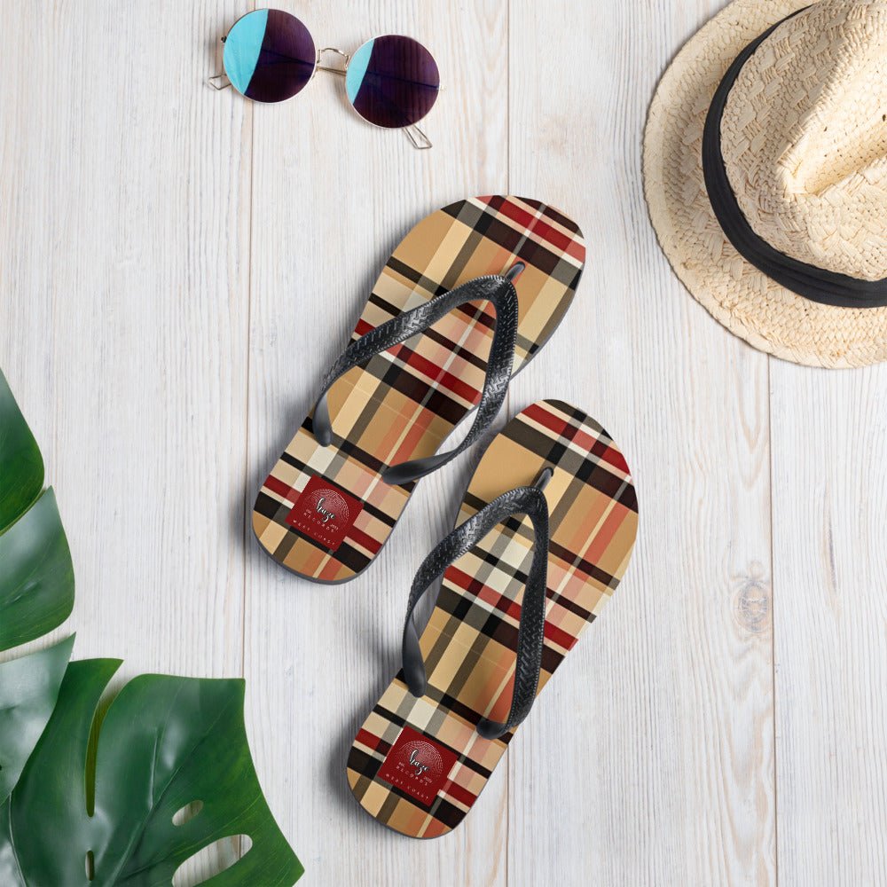 Front Beige Signature Plaid Design - Unisex Flip-Flops Flip Flops #MzKittyz #NikkiDKatArt