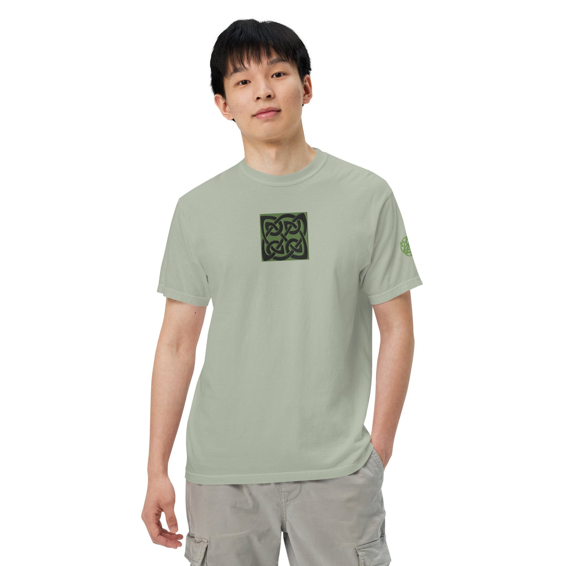 Front Celtic Knot Designs Embroidered- Unisex, garment-dyed Heavyweight T-shirt #MzKittyz #NikkiDKatArt