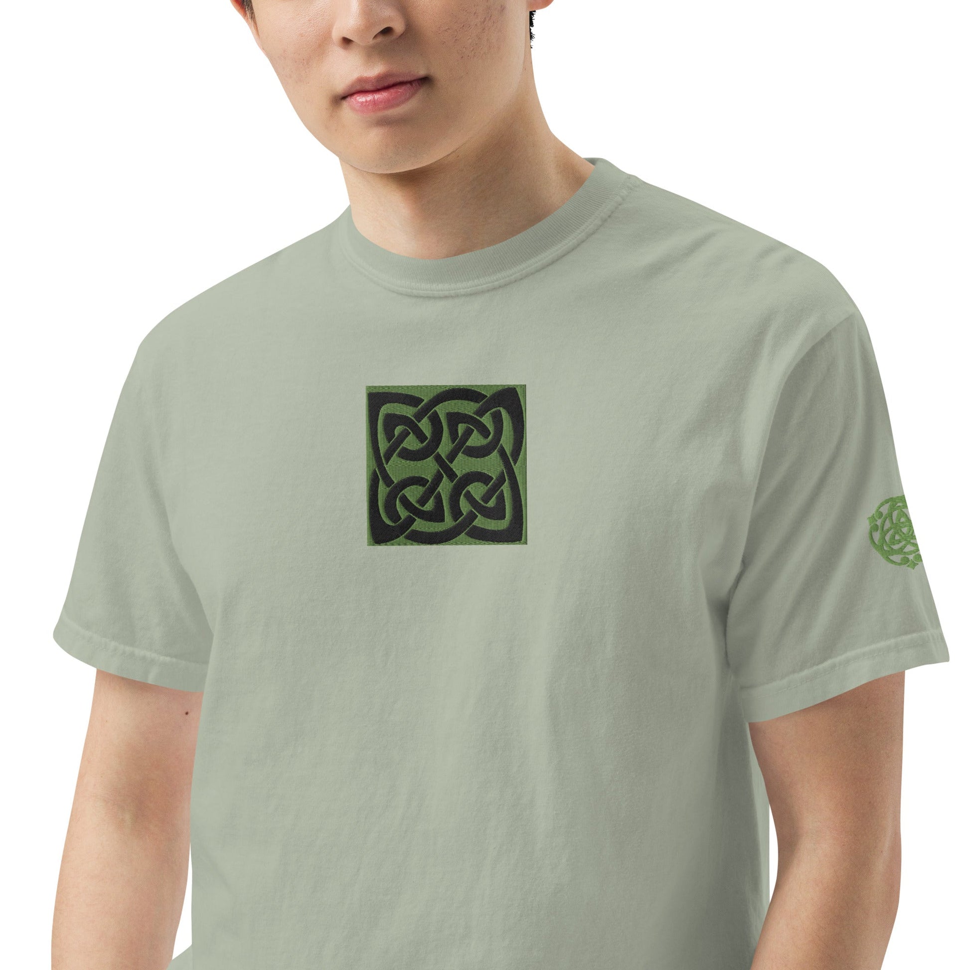 Front Celtic Knot Designs Embroidered- Unisex, garment-dyed Heavyweight T-shirt #MzKittyz #NikkiDKatArt
