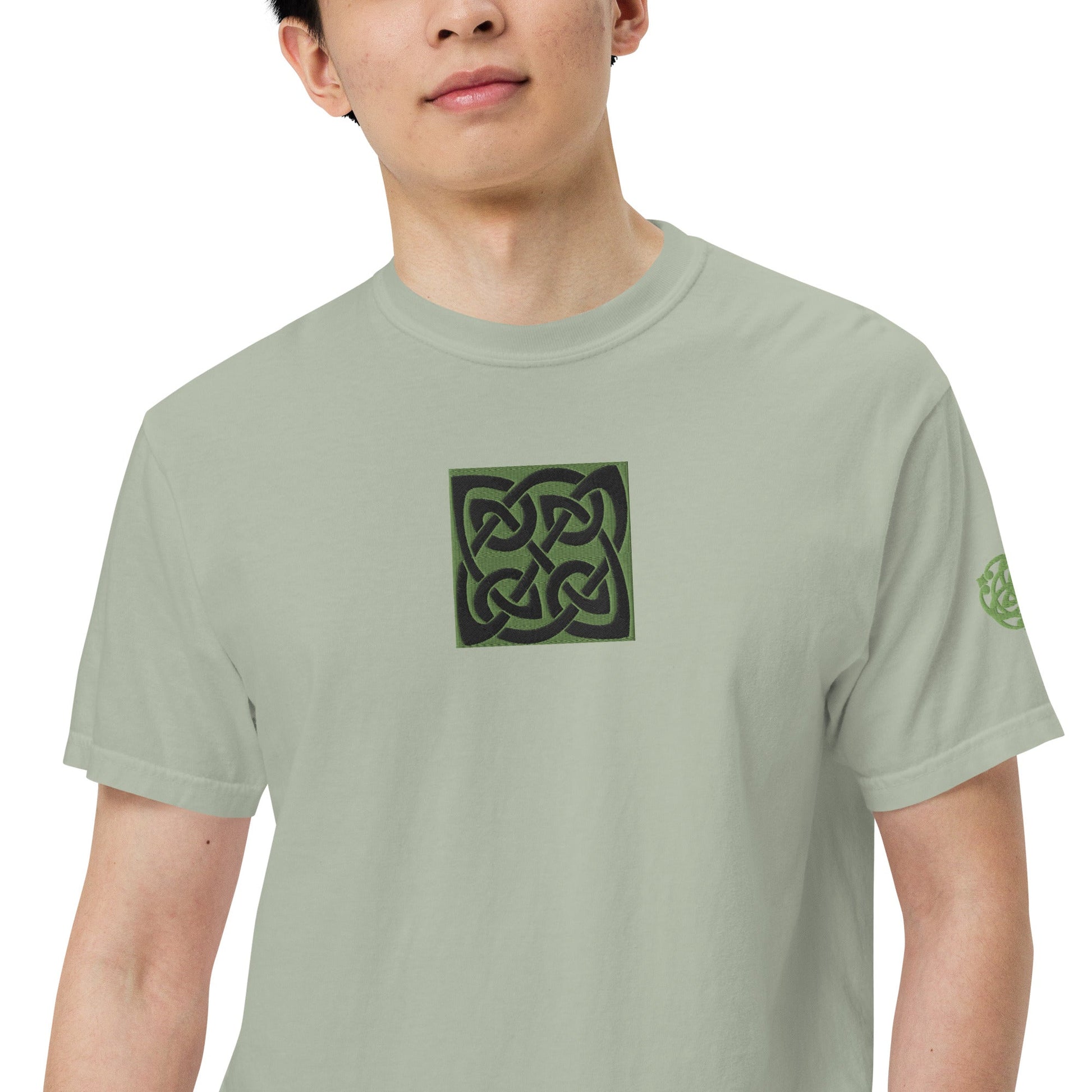 Front Celtic Knot Designs Embroidered- Unisex, garment-dyed Heavyweight T-shirt #MzKittyz #NikkiDKatArt