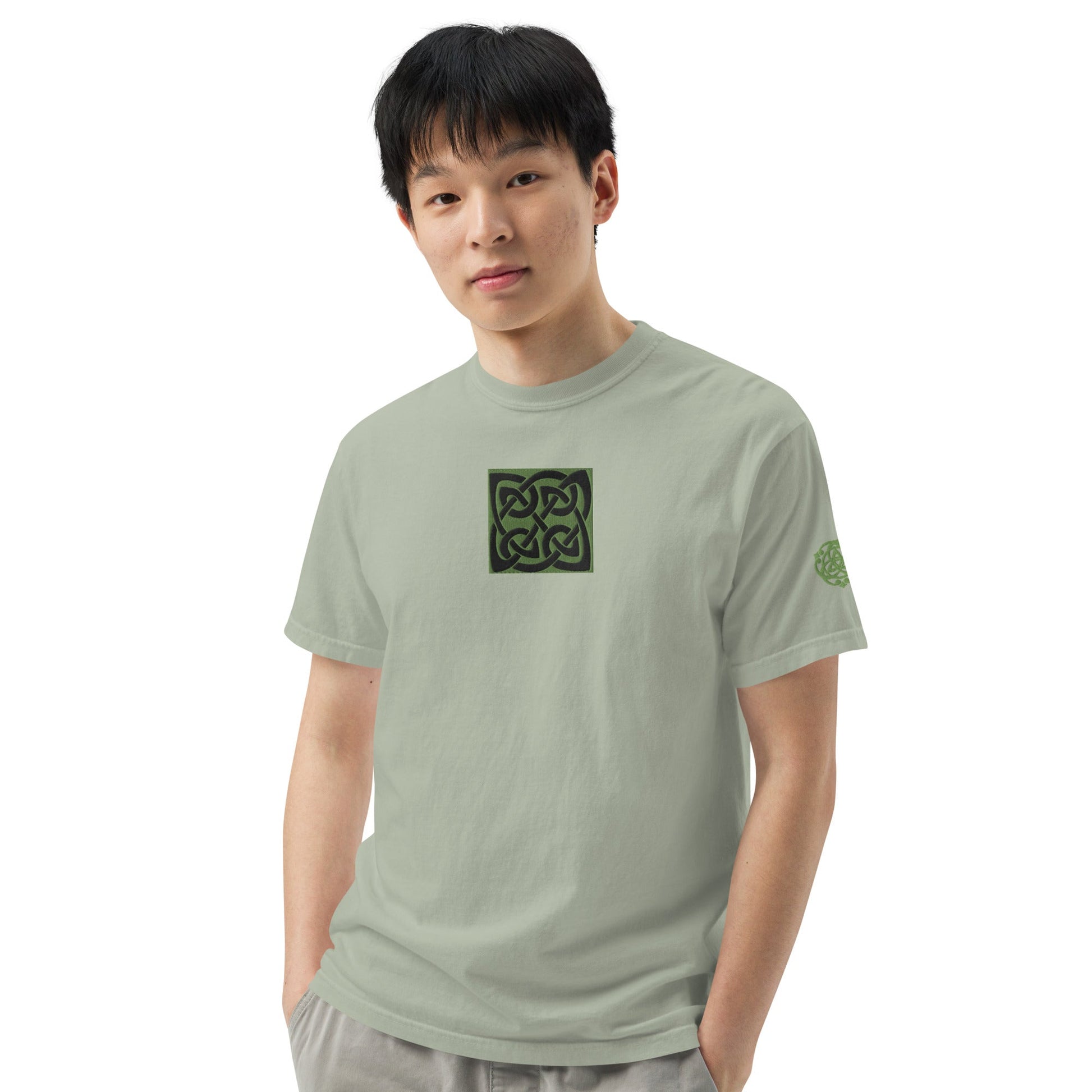 Front Celtic Knot Designs Embroidered- Unisex, garment-dyed Heavyweight T-shirt #MzKittyz #NikkiDKatArt