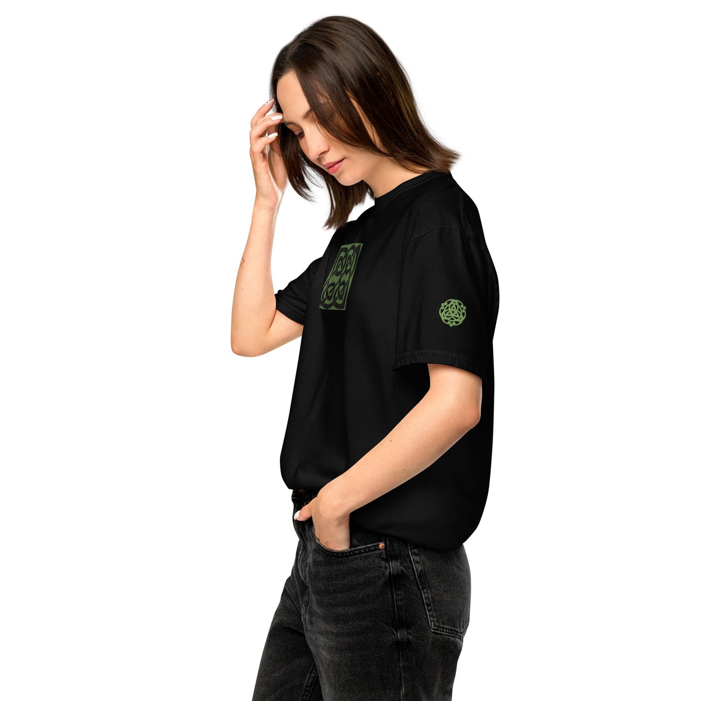Front Celtic Knot Designs Embroidered- Unisex, garment-dyed Heavyweight T-shirt #MzKittyz #NikkiDKatArt