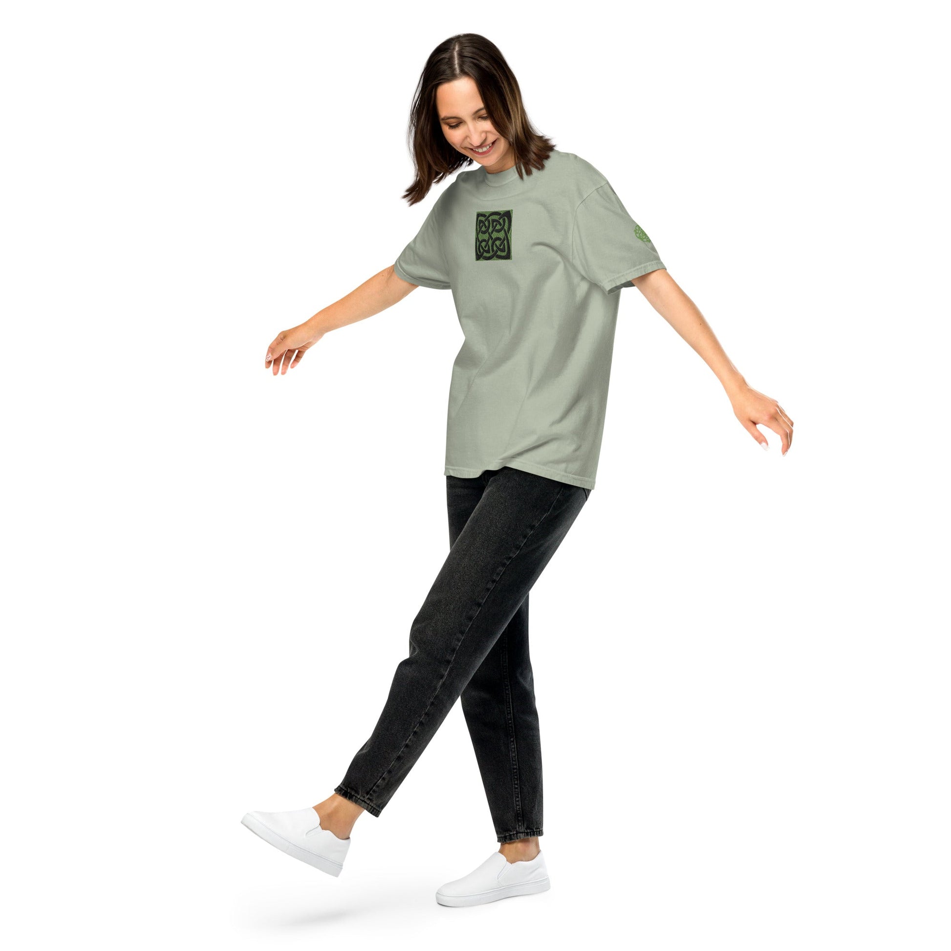 Front Celtic Knot Designs Embroidered- Unisex, garment-dyed Heavyweight T-shirt #MzKittyz #NikkiDKatArt