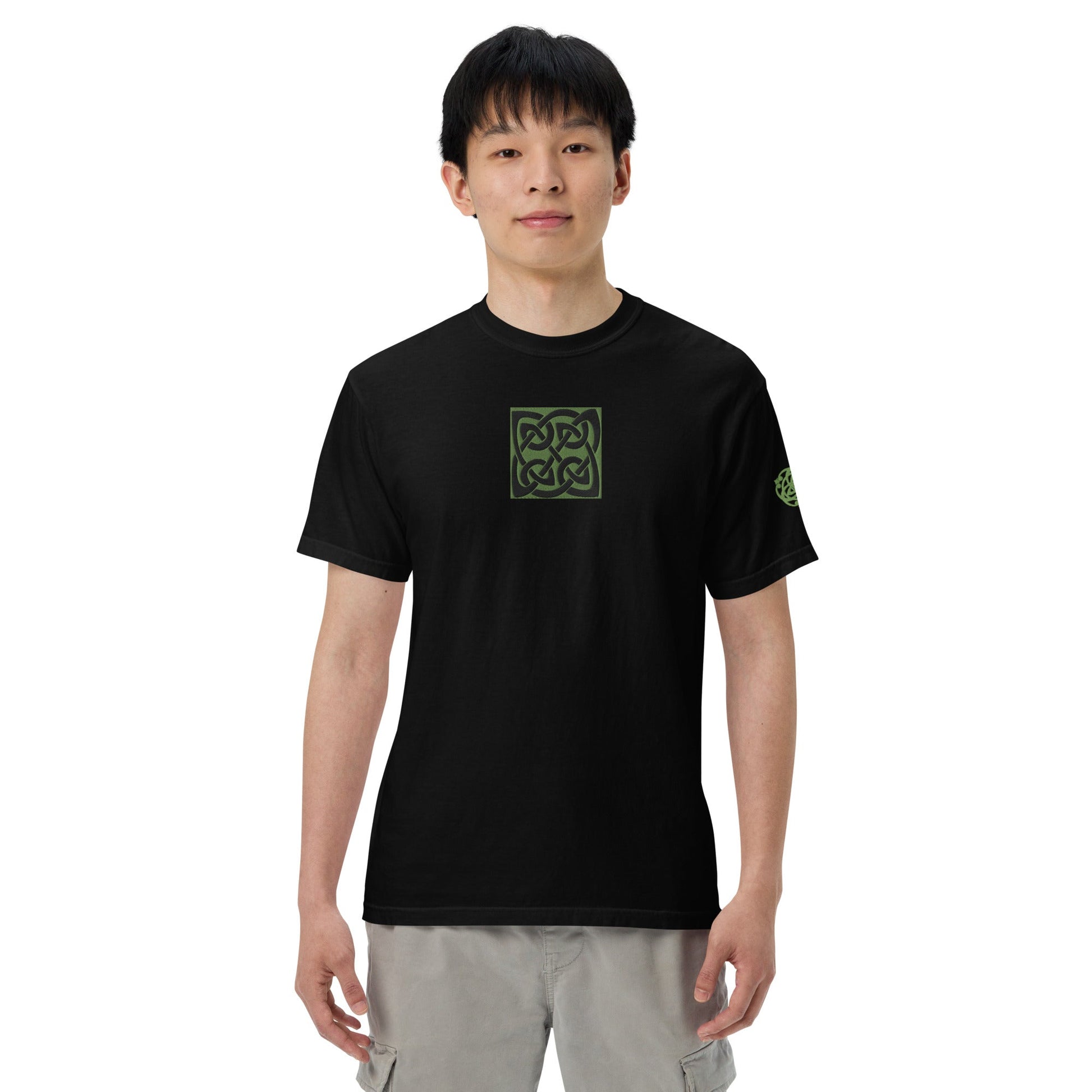 Front Celtic Knot Designs Embroidered- Unisex, garment-dyed Heavyweight T-shirt #MzKittyz #NikkiDKatArt