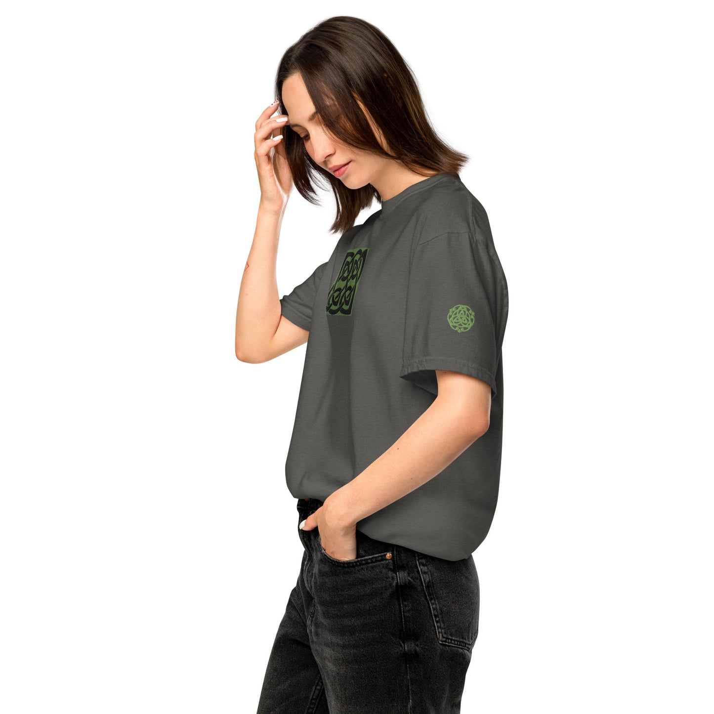 Front Celtic Knot Designs Embroidered- Unisex, garment-dyed Heavyweight T-shirt #MzKittyz #NikkiDKatArt