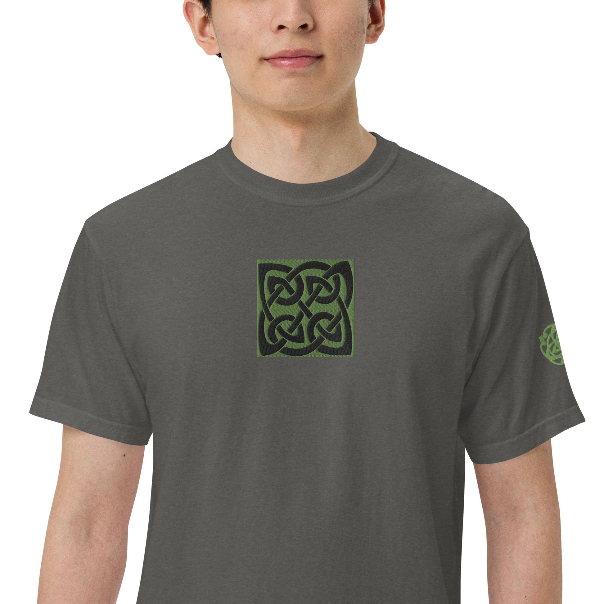 Front Celtic Knot Designs Embroidered- Unisex, garment-dyed Heavyweight T-shirt #MzKittyz #NikkiDKatArt