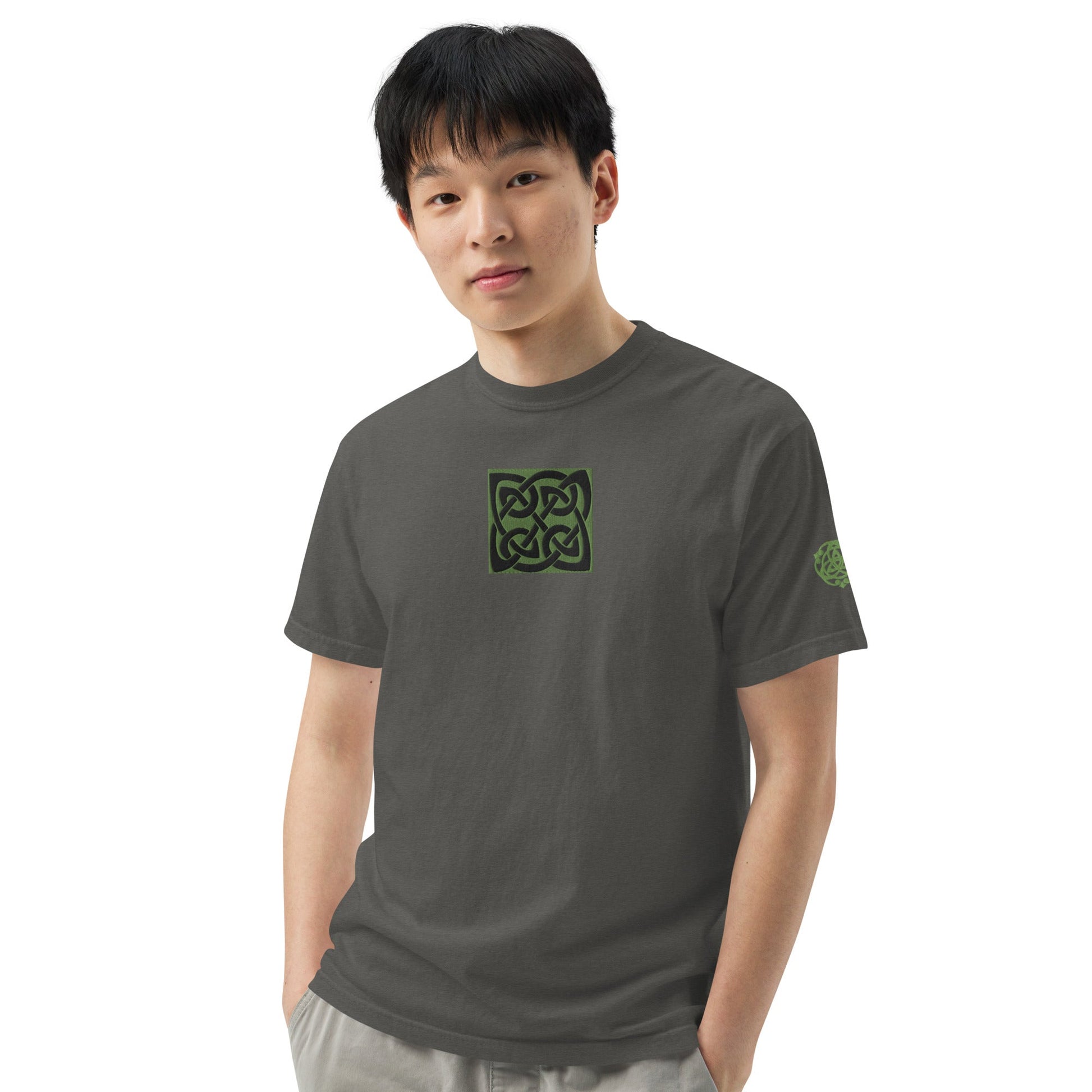 Front Celtic Knot Designs Embroidered- Unisex, garment-dyed Heavyweight T-shirt #MzKittyz #NikkiDKatArt