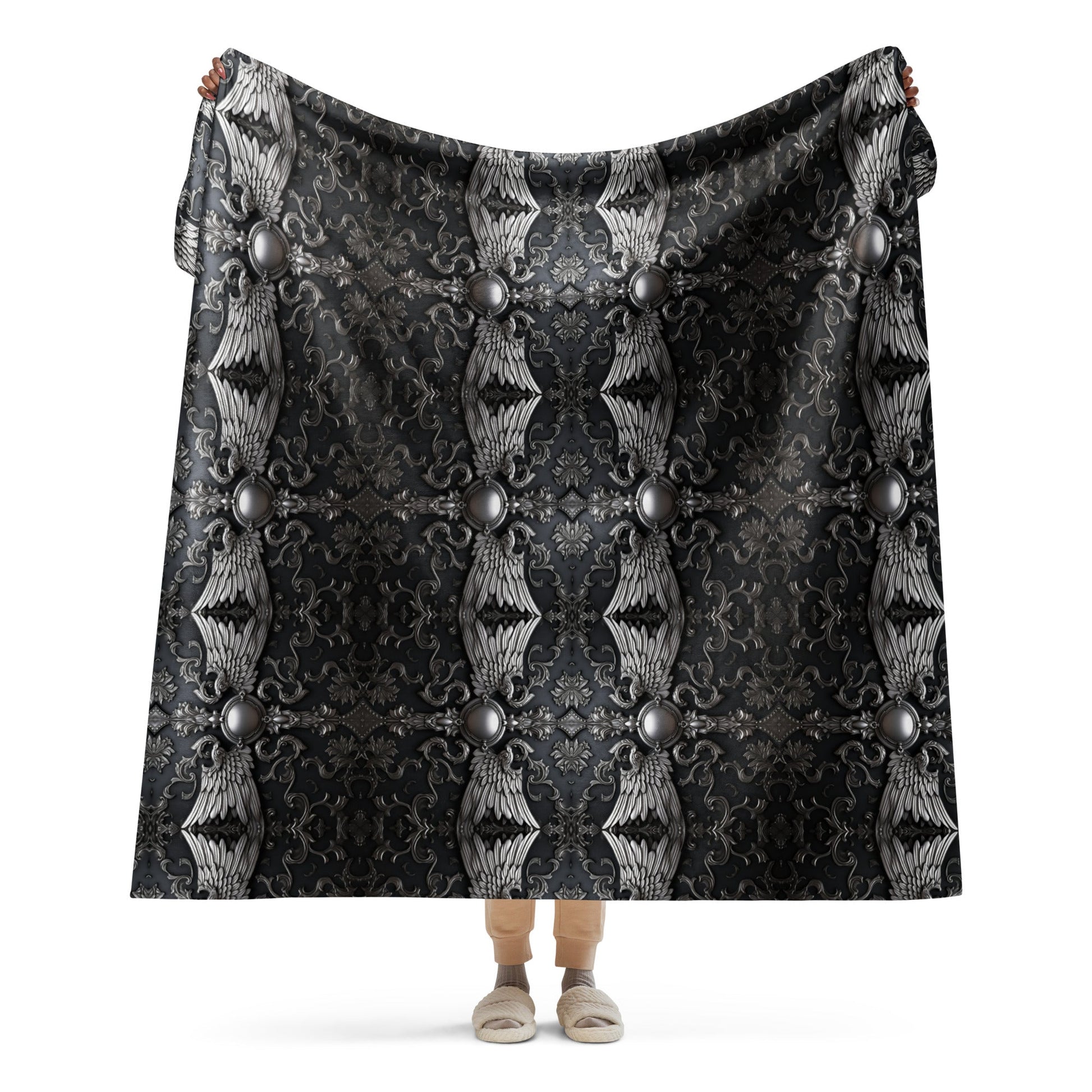 Front Chrome Crosses & Wings Sherpa Blanket 60" x 70" #MzKittyz #NikkiDKatArt
