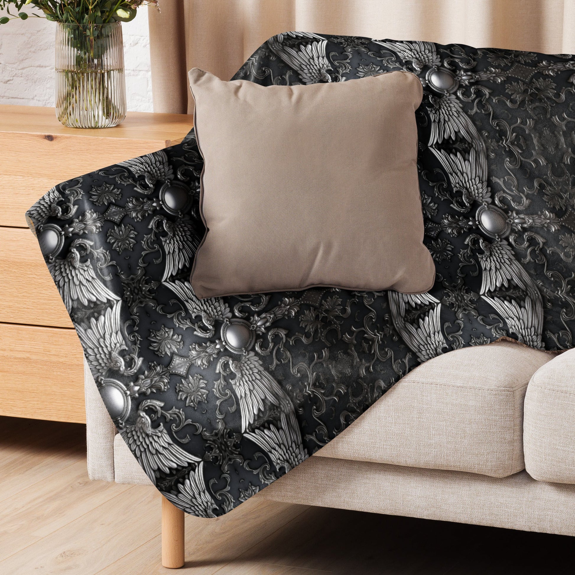 Front Chrome Crosses & Wings Sherpa Blanket 60" x 70" #MzKittyz #NikkiDKatArt