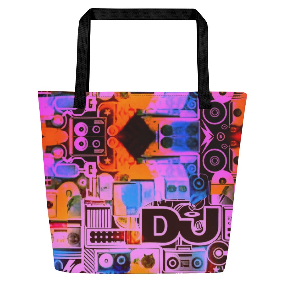 Front Dj Love Design All-Over Print- Large Tote Bag - Black or Yellow Cotton Handles Beach Bag - 44 lbs #MzKittyz