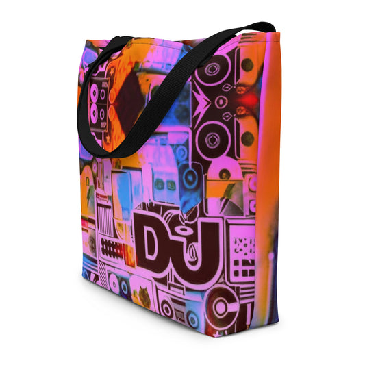 Front Dj Love Design All-Over Print- Large Tote Bag - Black or Yellow Cotton Handles Beach Bag - 44 lbs #MzKittyz