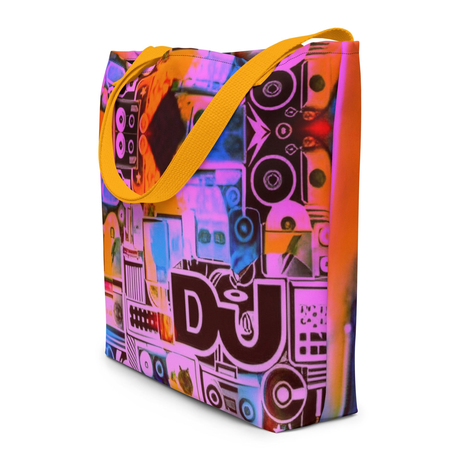 Side Dj Love Design All-Over Print- Large Tote Bag - Black or Yellow Cotton Handles Beach Bag  #MzKittyz #NikkiDKatArt