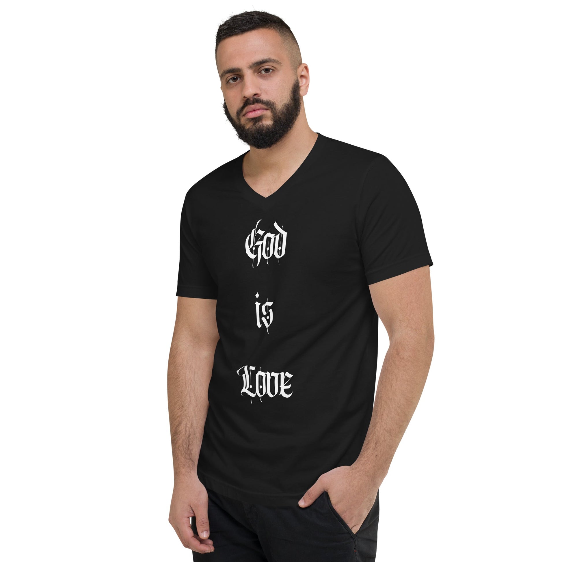 Front God Is Love, Love Is God, Black, Unisex Short Sleeve V-Neck T-Shirt, Up to 2XL #MzKittyz #NikkiDKatArt